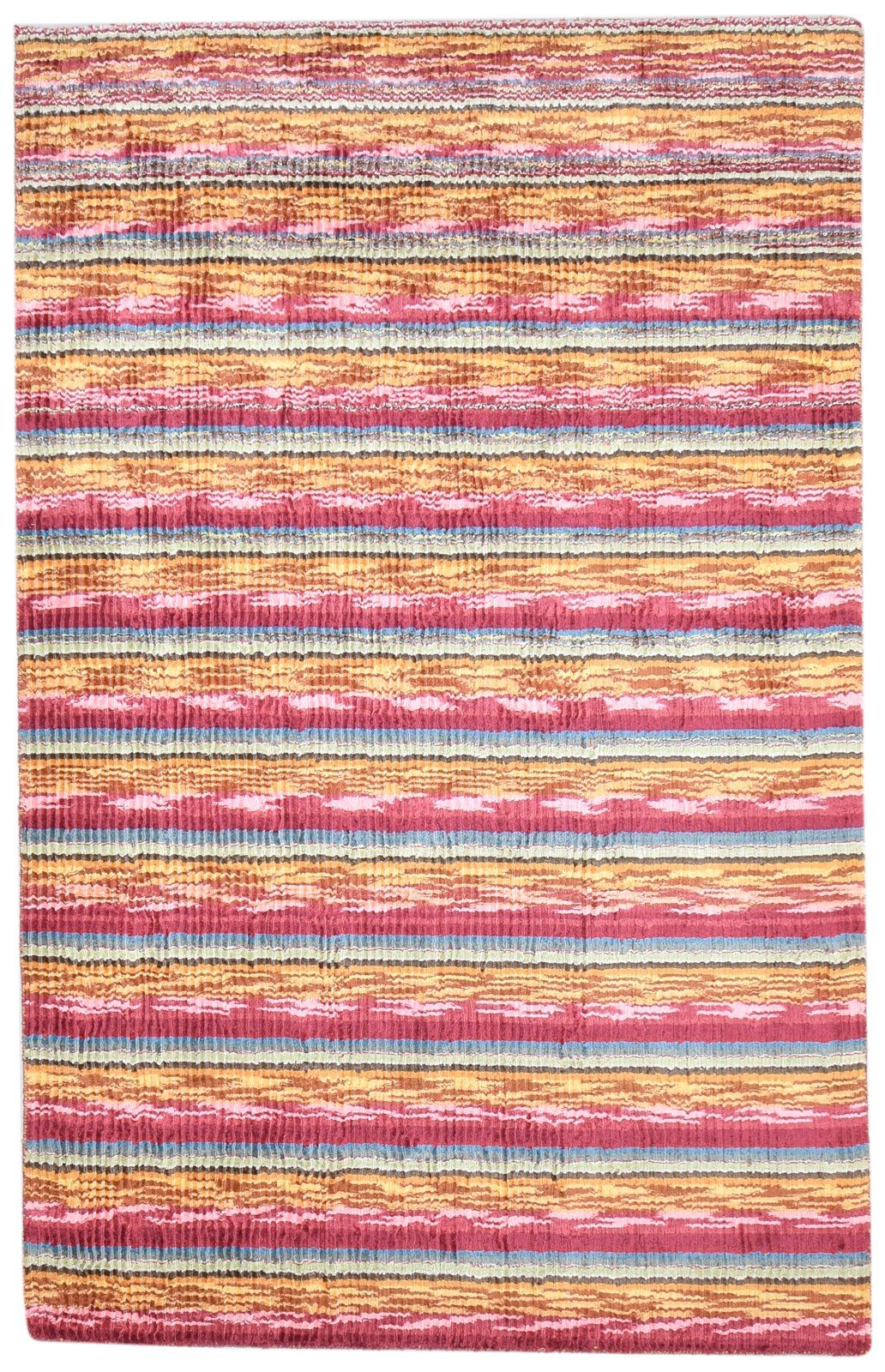 Handloom Red Silk Rug 5' X 8' Modern Bohemian Striped Room Size Carpet 