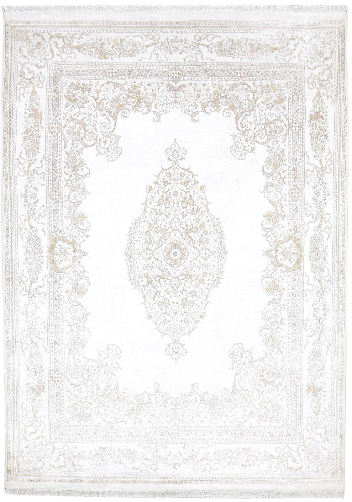 White Wool / Silk Rug 6X8 Persian Hand Knotted Mughal Medallion Room Size Carpet 