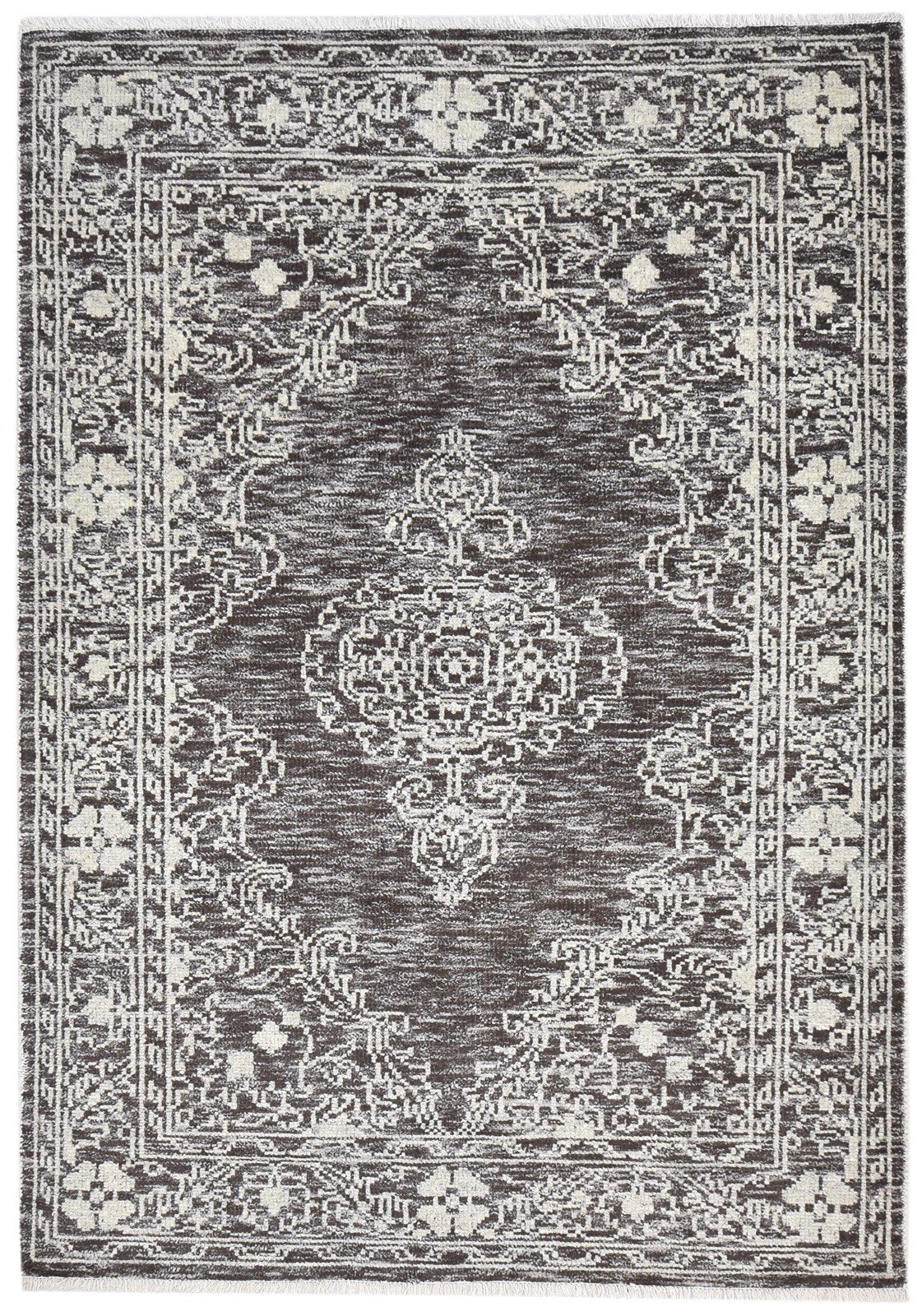 Hand Knotted Charcoal Wool Rug 6' X 8' Persian Mughal Medallion Room Size Carpet 