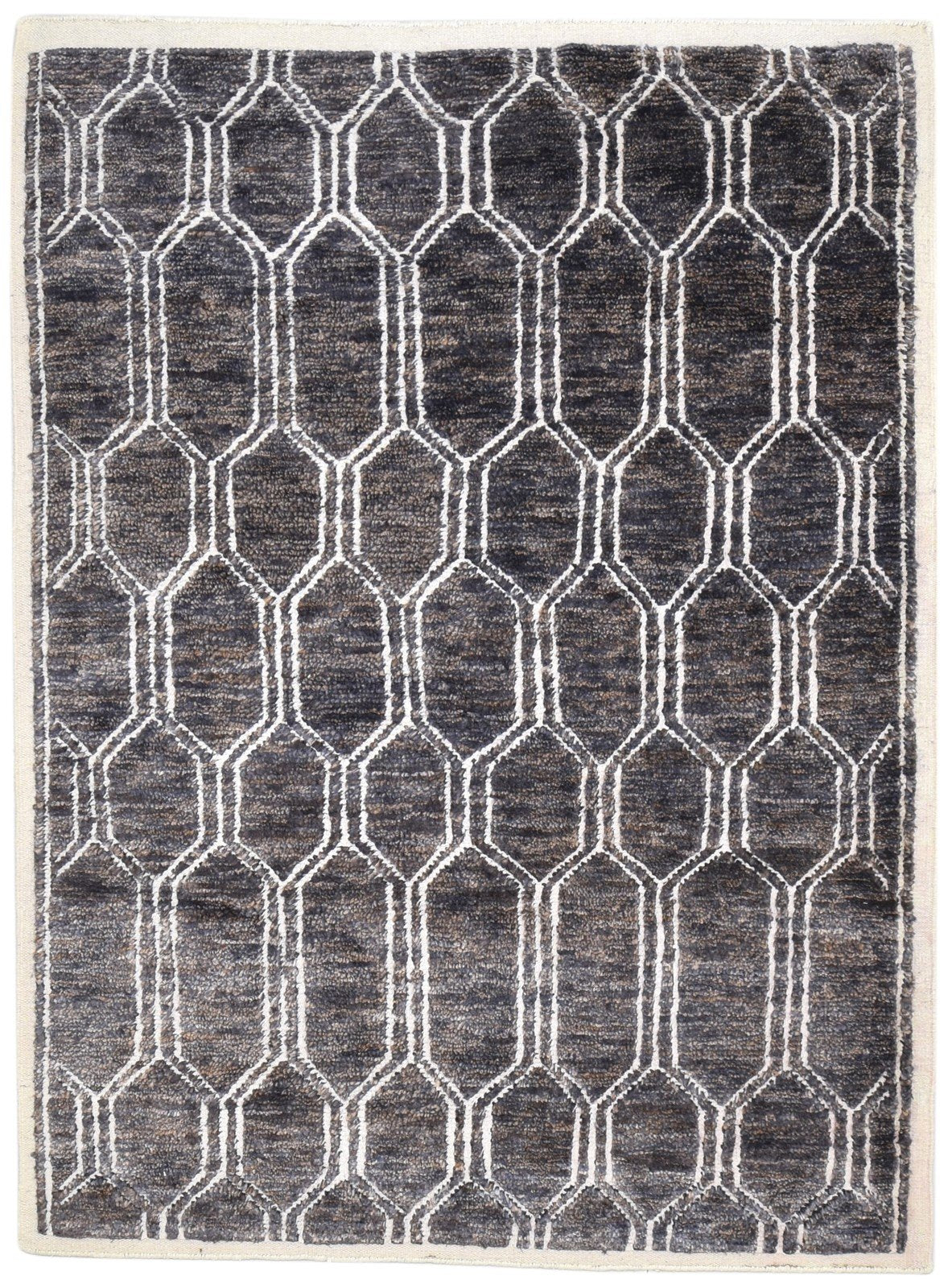 Hand Knotted Charcoal Wool / Jute Rug 6X7 Modern Scandinavian Trellis Room Size 