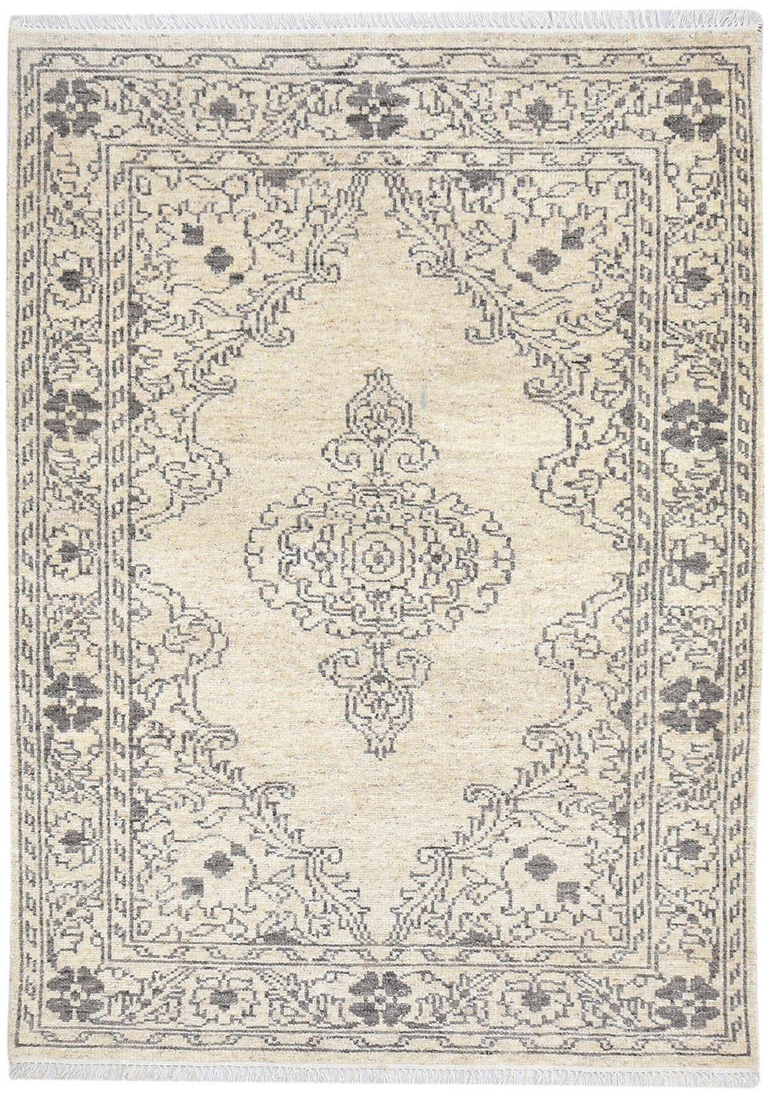 Hand Knotted Beige Wool Rug 5' X 8' Persian Mughal Medallion Room Size Carpet 