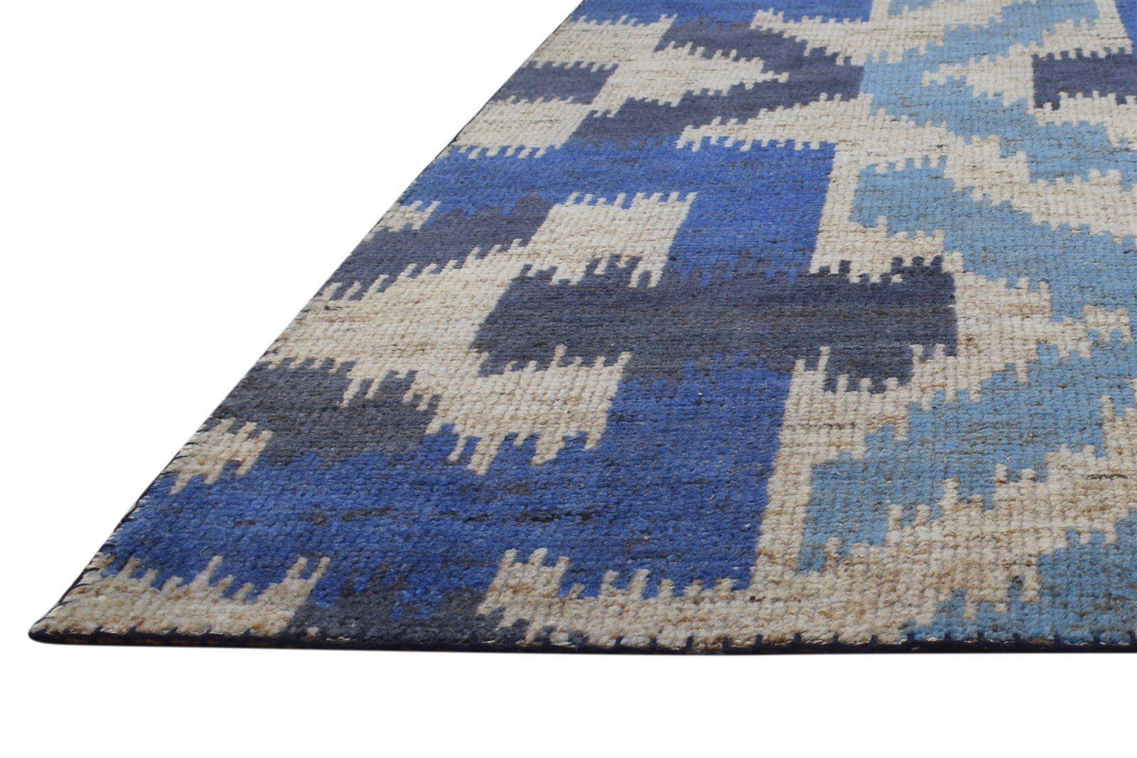 5X8 Rug Wool Blue Modern Hand Knotted Scandinavian Geometric Room Size Carpet 