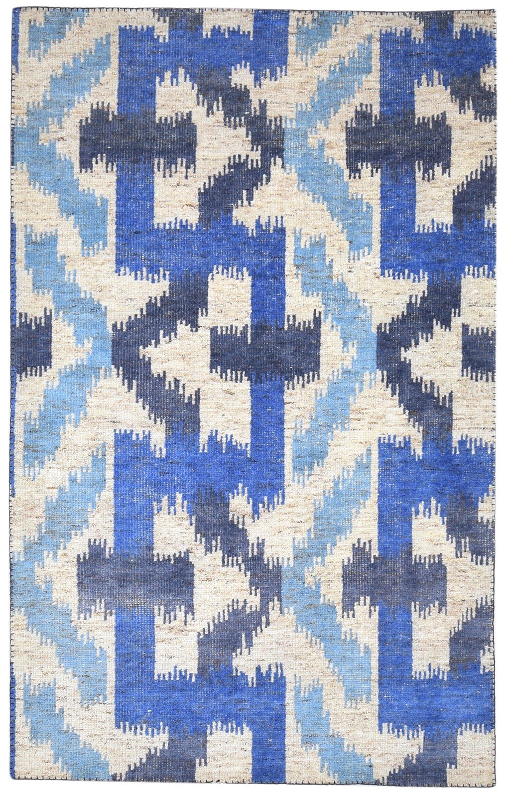 5X8 Rug Wool Blue Modern Hand Knotted Scandinavian Geometric Room Size Carpet 