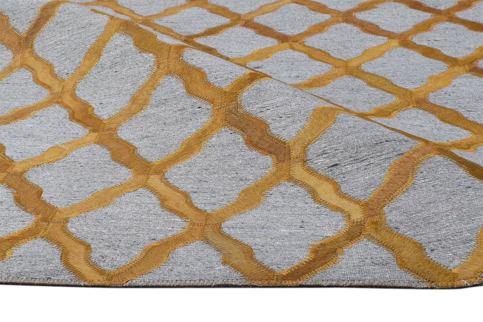 Leather / Cotton Gold Rug 6X6 Modern Hand Woven Moroccan Trellis Room Size 