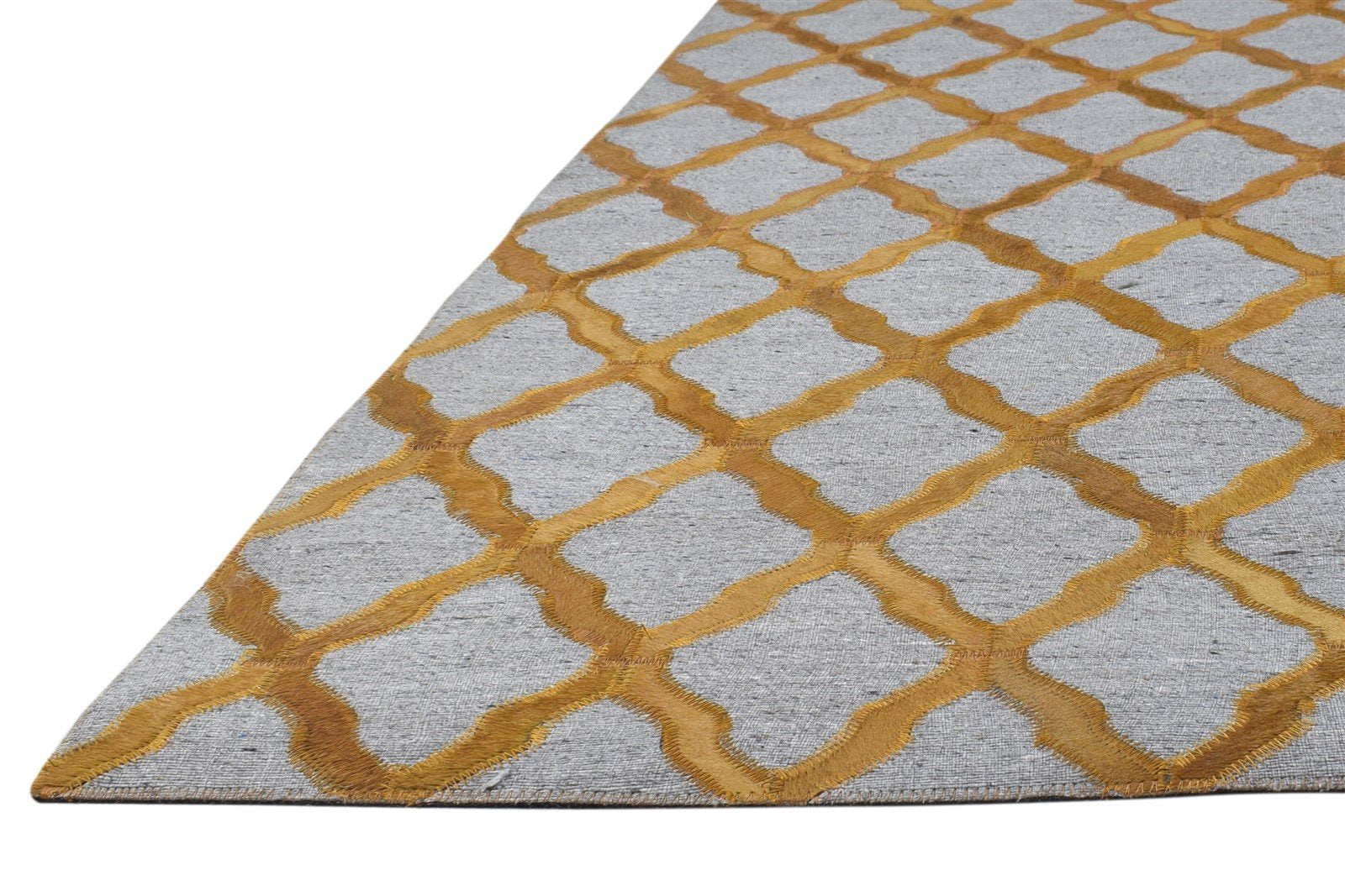 Leather / Cotton Gold Rug 6X6 Modern Hand Woven Moroccan Trellis Room Size 