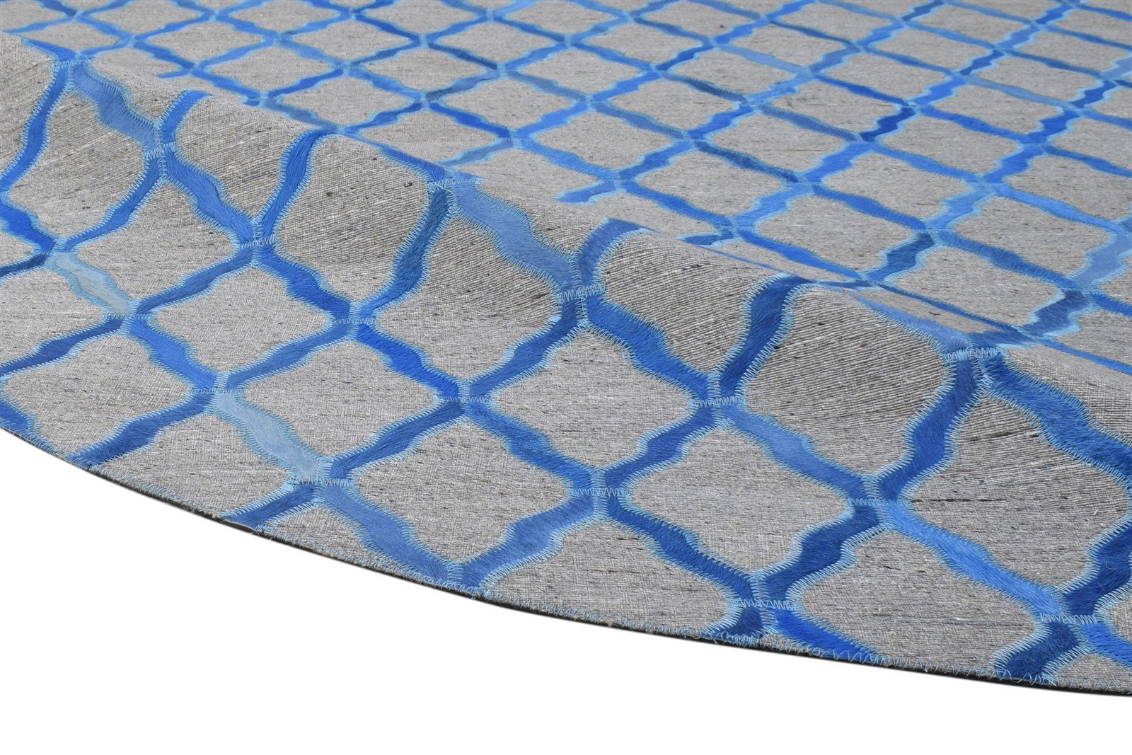 Blue Leather / Cotton Rug 6X6 Modern Hand Woven Moroccan Trellis Room Size 