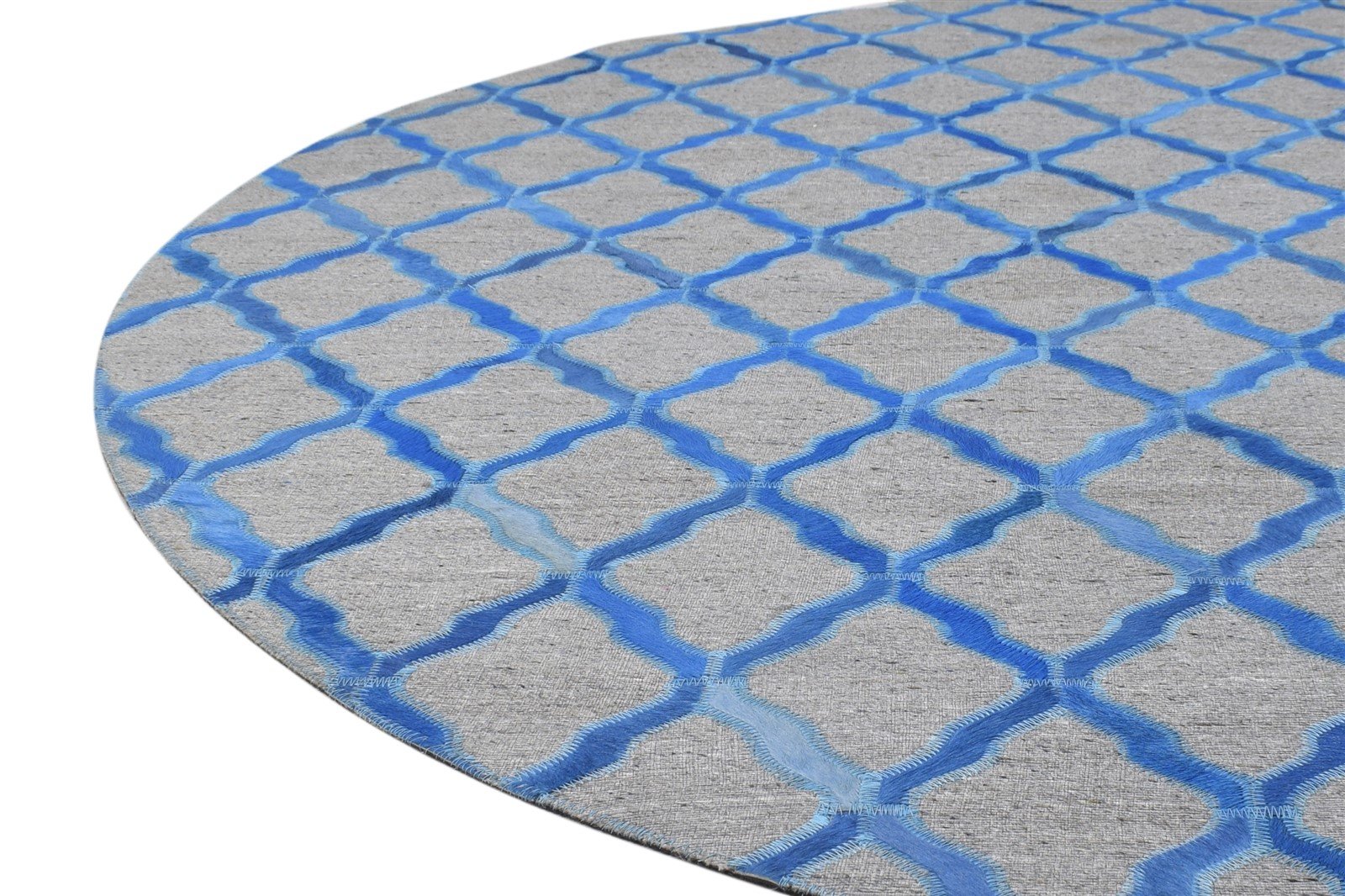 Blue Leather / Cotton Rug 6X6 Modern Hand Woven Moroccan Trellis Room Size 