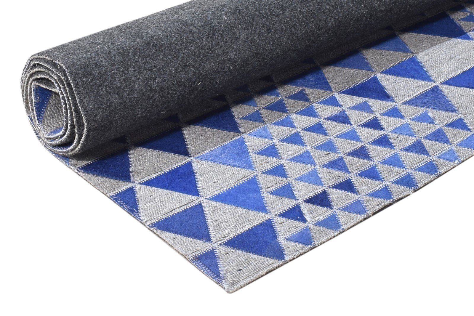 Blue Leather / Cotton Rug 6X6 Modern Hand Woven Scandinavian Triangles Room Size 