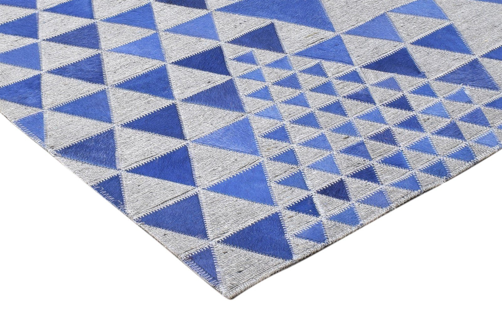 Blue Leather / Cotton Rug 6X6 Modern Hand Woven Scandinavian Triangles Room Size 