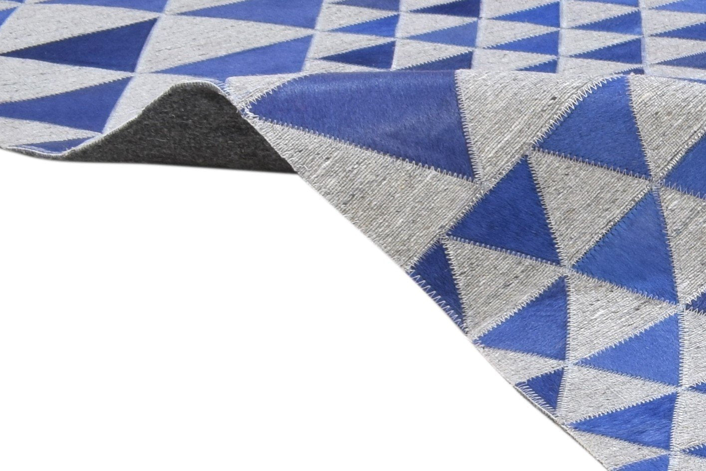 Blue Leather / Cotton Rug 6X6 Modern Hand Woven Scandinavian Triangles Room Size 