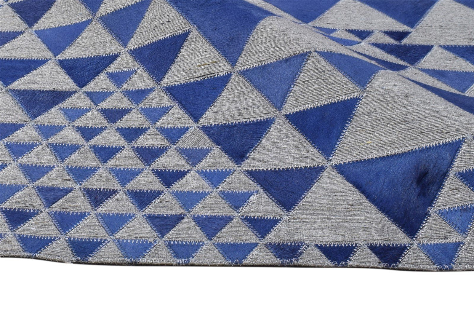 Blue Leather / Cotton Rug 6X6 Modern Hand Woven Scandinavian Triangles Room Size 