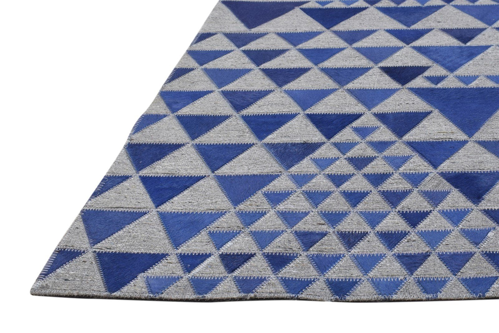 Blue Leather / Cotton Rug 6X6 Modern Hand Woven Scandinavian Triangles Room Size 