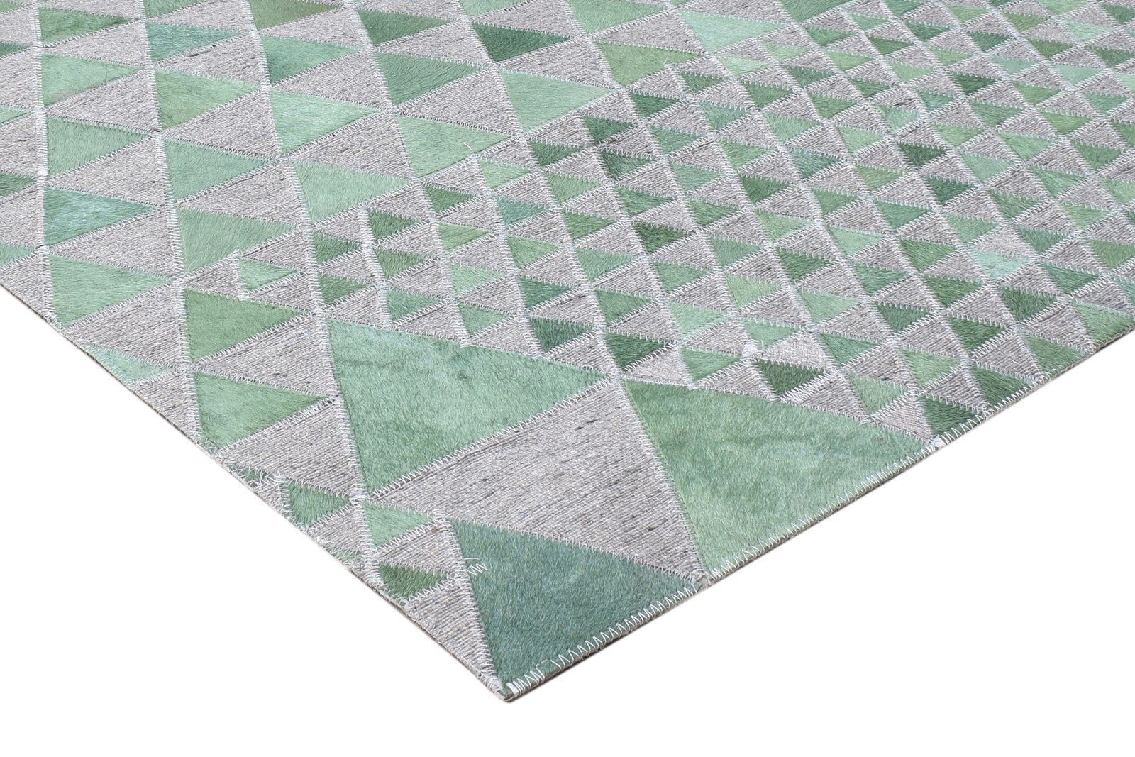 Leather / Cotton Green Rug 6X6 Modern Hand Woven Scandinavian Triangles Room Size 