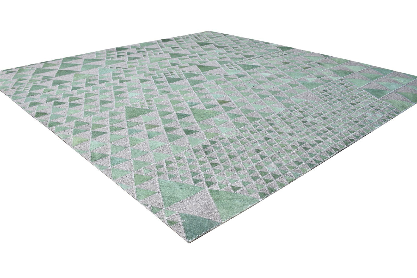 Leather / Cotton Green Rug 6X6 Modern Hand Woven Scandinavian Triangles Room Size 