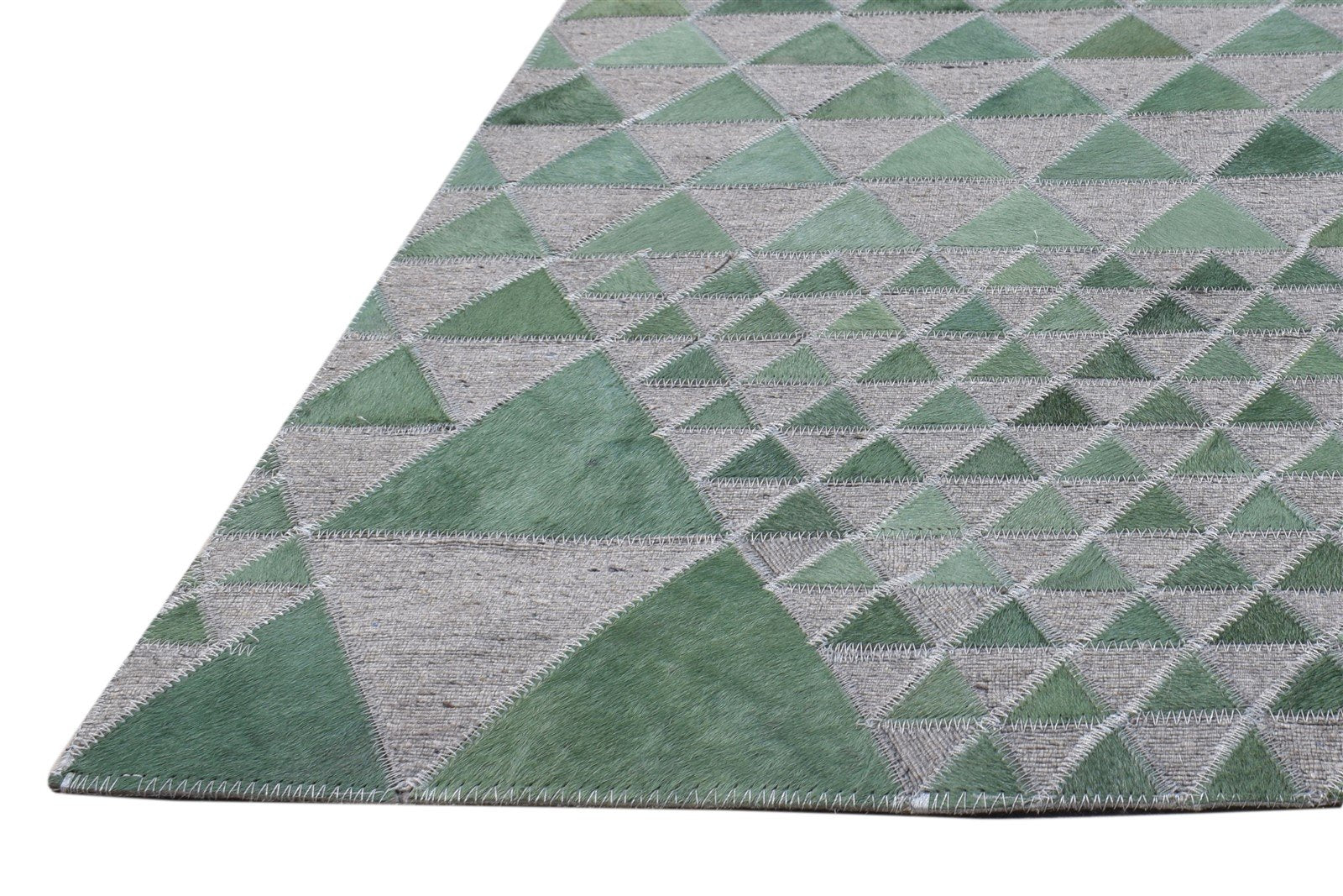 Leather / Cotton Green Rug 6X6 Modern Hand Woven Scandinavian Triangles Room Size 