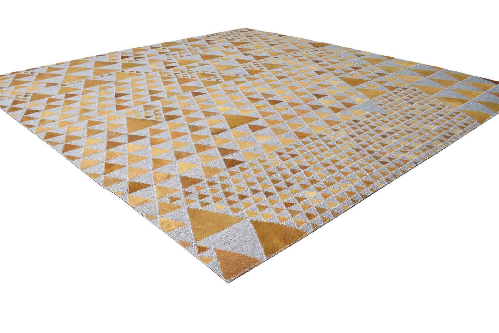 6X6 Rug Leather / Cotton Gold Modern Hand Woven Scandinavian Triangles Room Size 