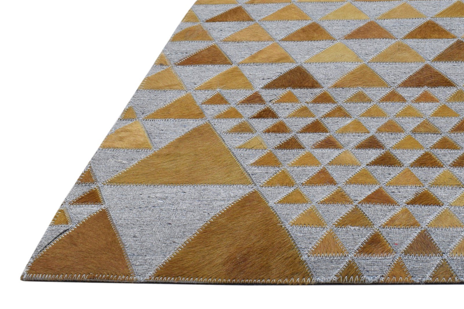 6X6 Rug Leather / Cotton Gold Modern Hand Woven Scandinavian Triangles Room Size 