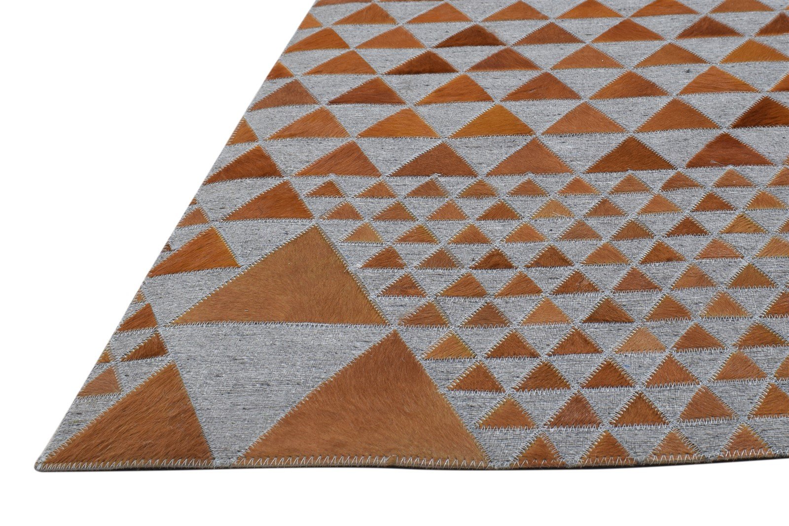 Hand Woven Brown Leather / Cotton Rug 6X6 Modern Scandinavian Triangles Large 