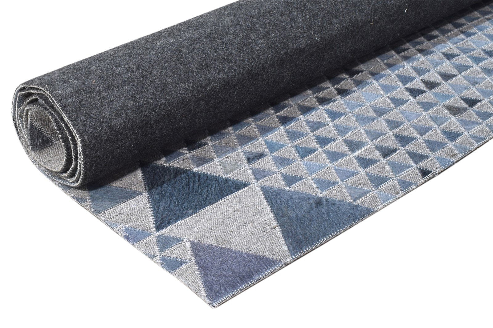 Blue Leather / Cotton Rug 6X6 Modern Hand Woven Scandinavian Triangles Room Size 