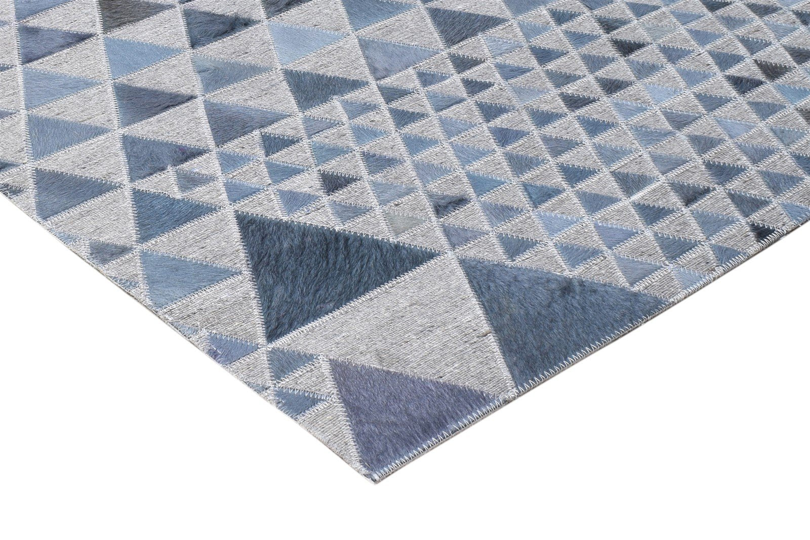 Blue Leather / Cotton Rug 6X6 Modern Hand Woven Scandinavian Triangles Room Size 