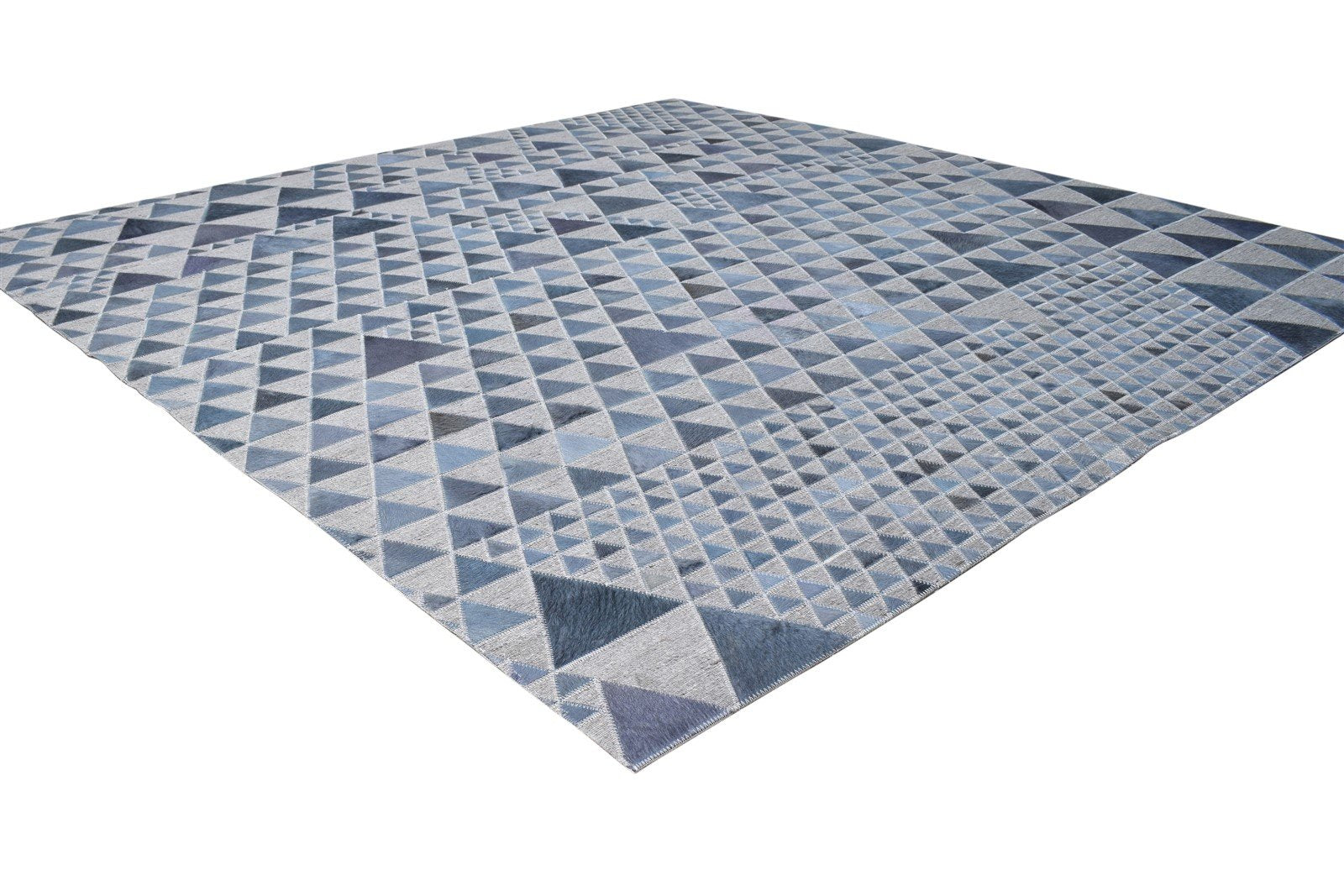 Blue Leather / Cotton Rug 6X6 Modern Hand Woven Scandinavian Triangles Room Size 