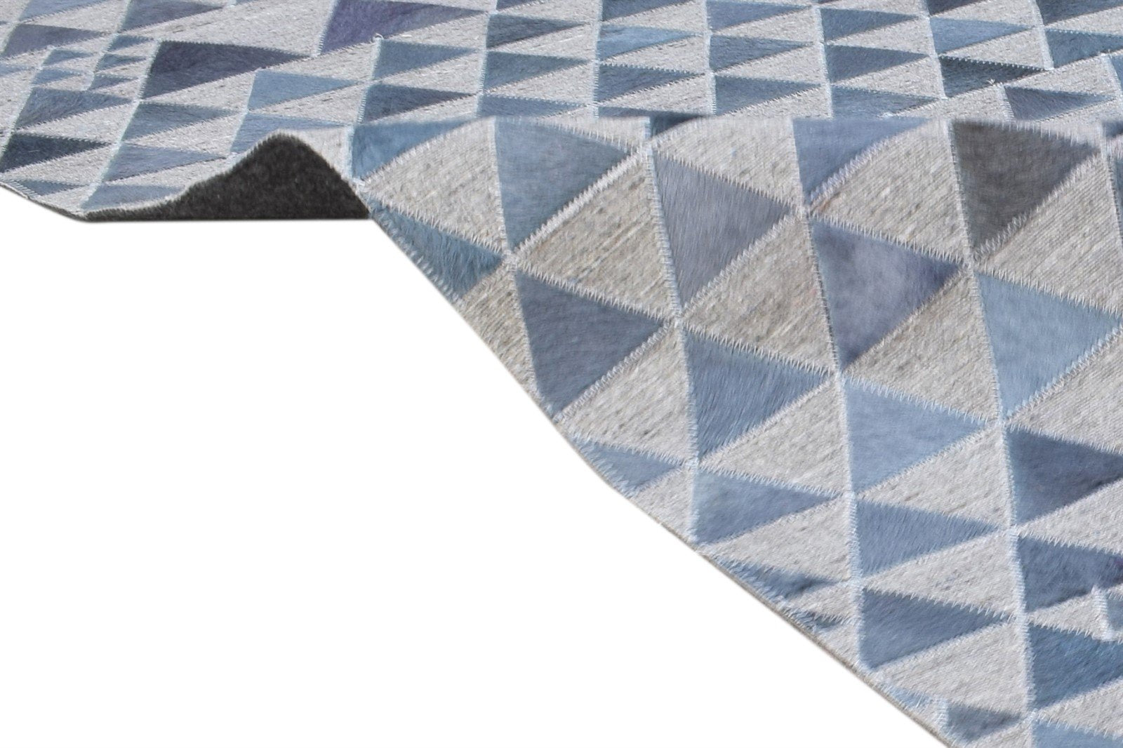 Blue Leather / Cotton Rug 6X6 Modern Hand Woven Scandinavian Triangles Room Size 