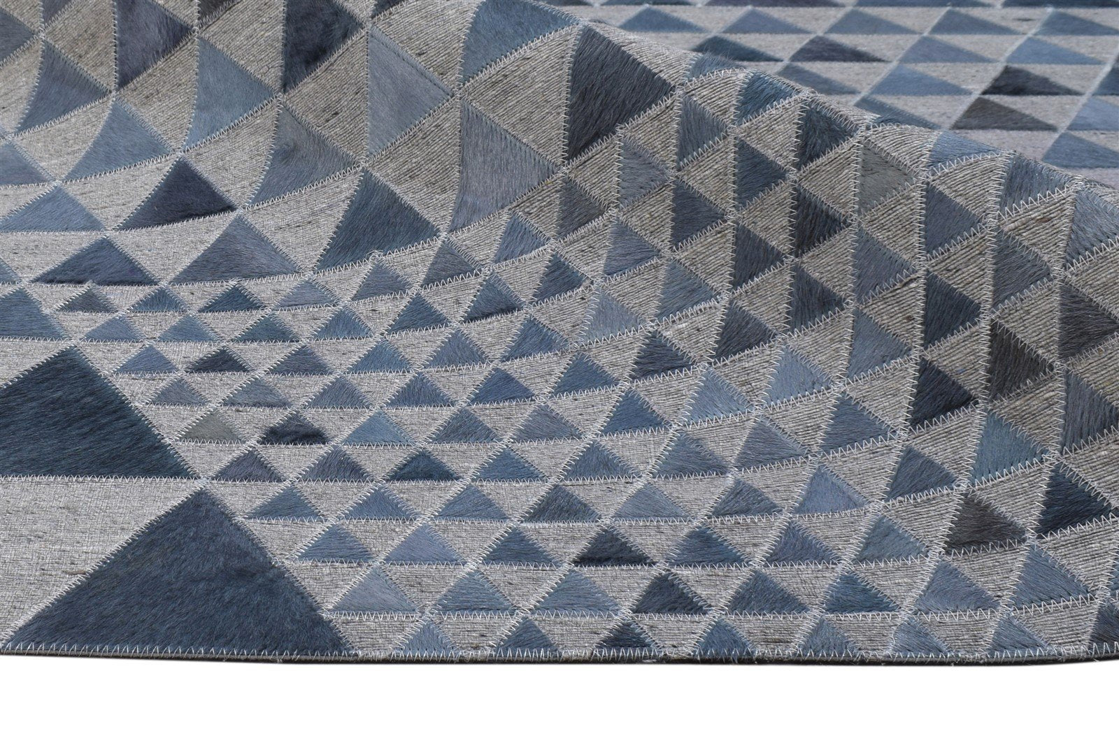 Blue Leather / Cotton Rug 6X6 Modern Hand Woven Scandinavian Triangles Room Size 