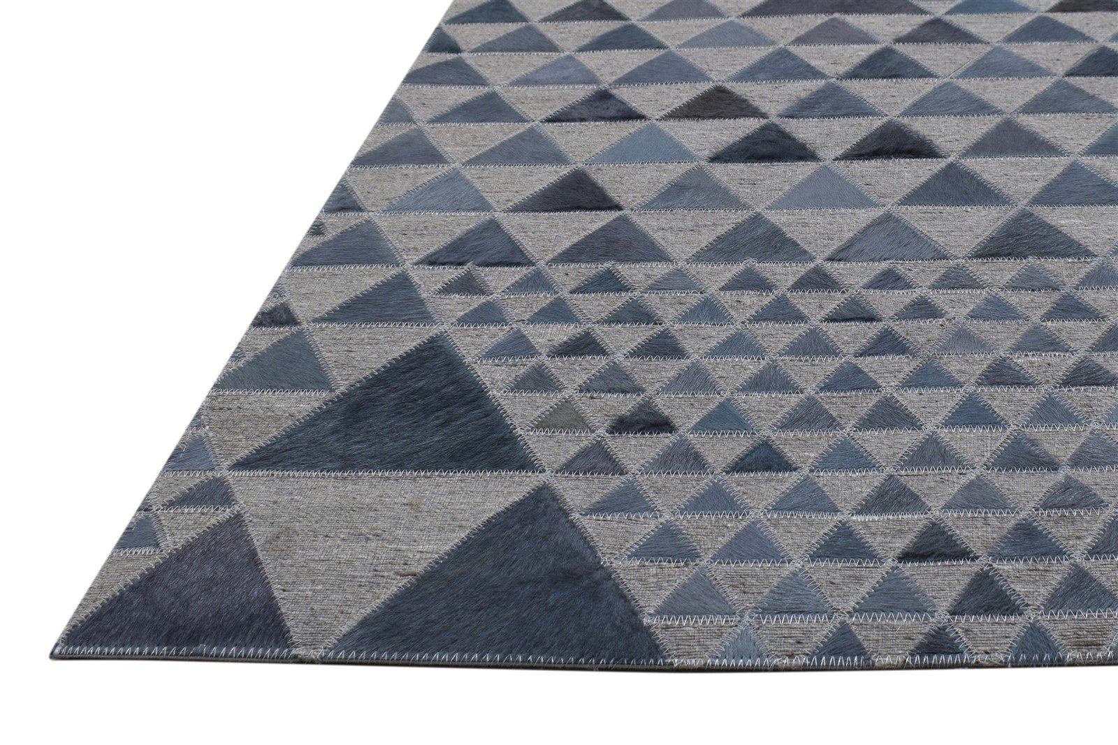 Blue Leather / Cotton Rug 6X6 Modern Hand Woven Scandinavian Triangles Room Size 