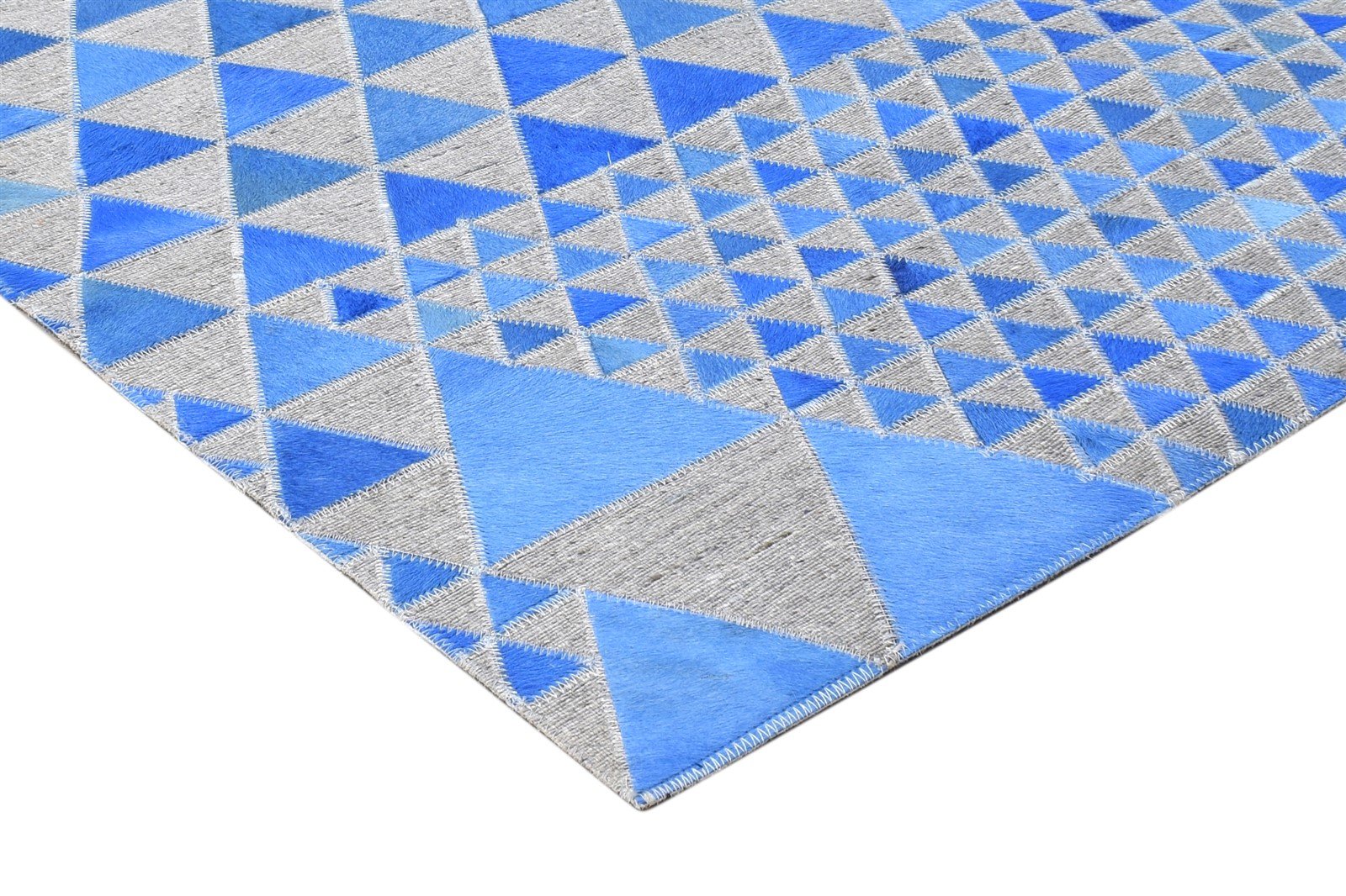 Leather / Cotton Blue Rug 6X6 Modern Hand Woven Scandinavian Triangles Room Size 