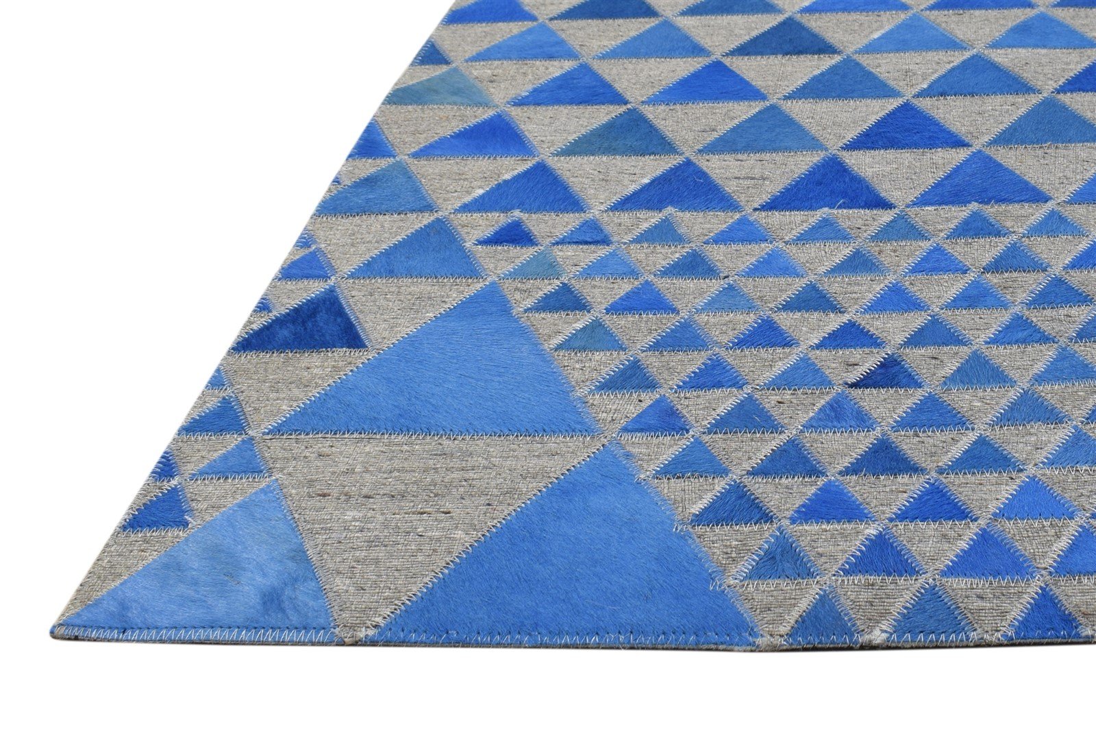 Leather / Cotton Blue Rug 6X6 Modern Hand Woven Scandinavian Triangles Room Size 