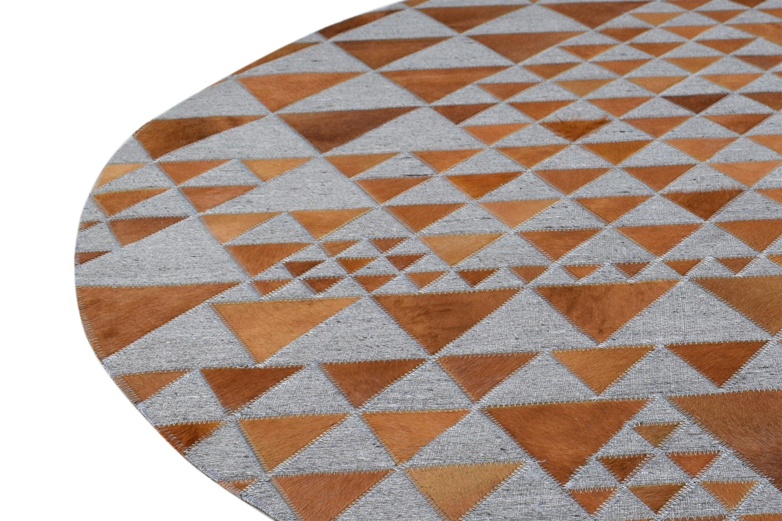 Hand Woven Rust Leather / Cotton Rug 6X6 Modern Scandinavian Triangles Room Size 