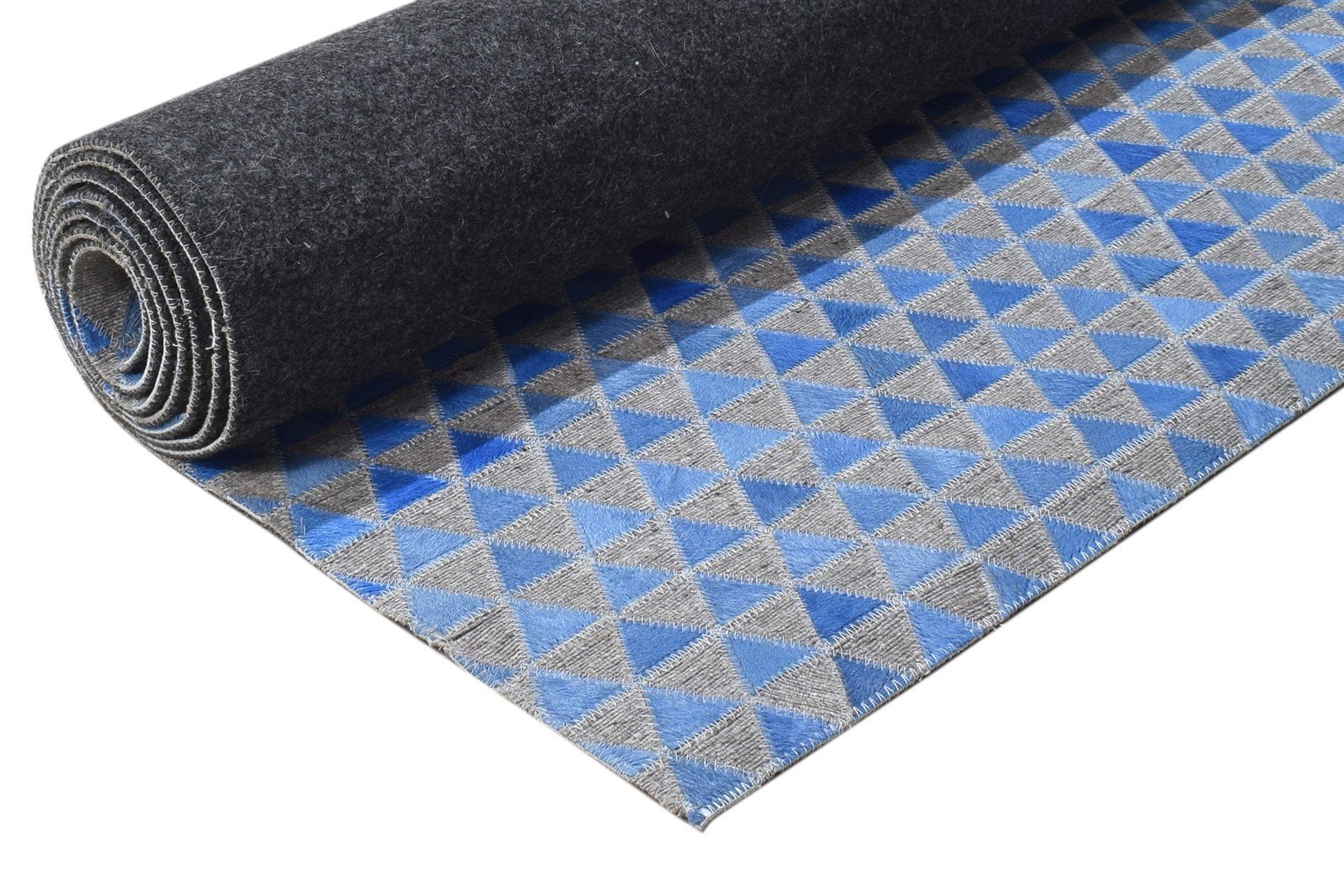 5X8 Rug Leather / Cotton Blue Modern Hand Woven Scandinavian Triangles Room Size 