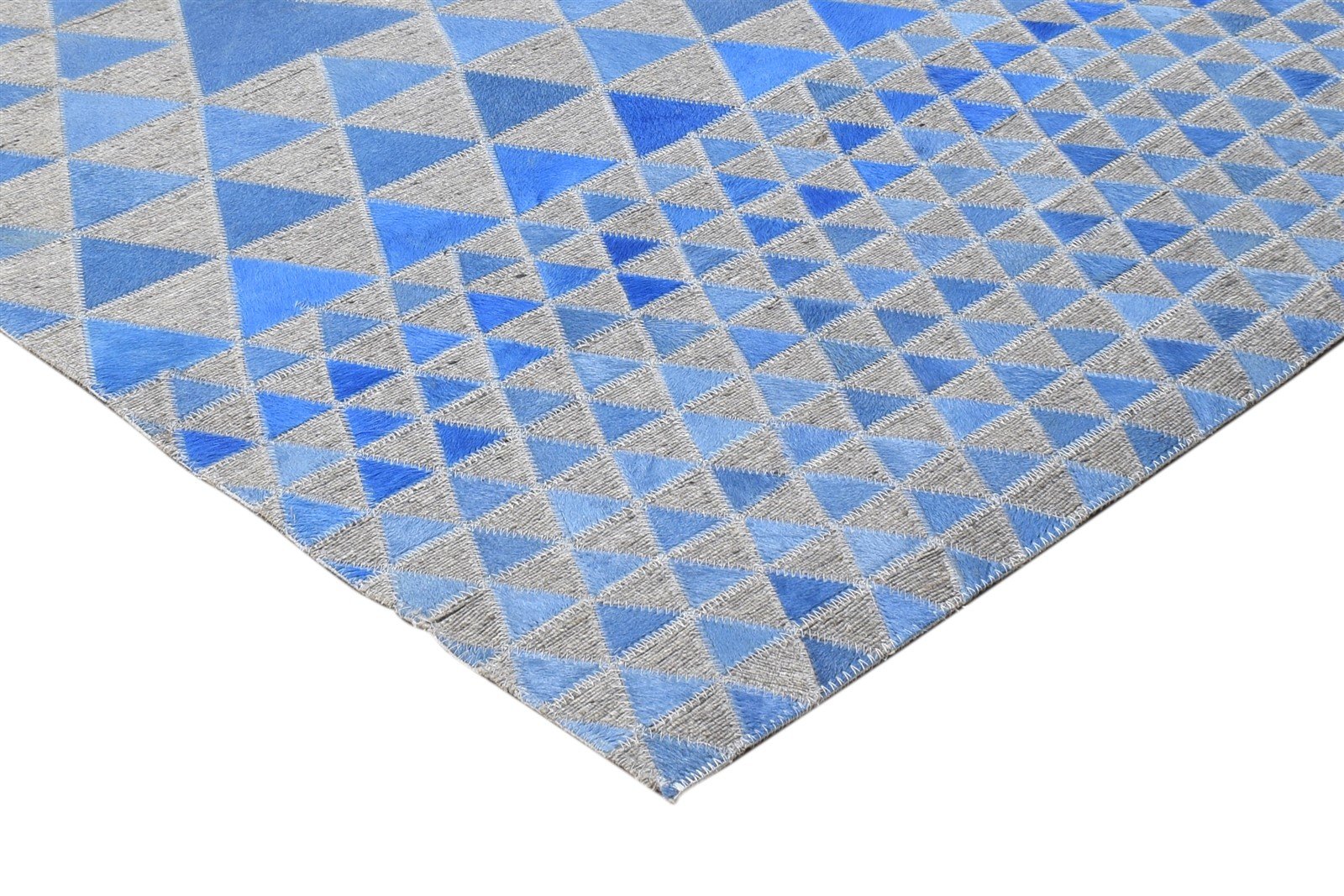 5X8 Rug Leather / Cotton Blue Modern Hand Woven Scandinavian Triangles Room Size 