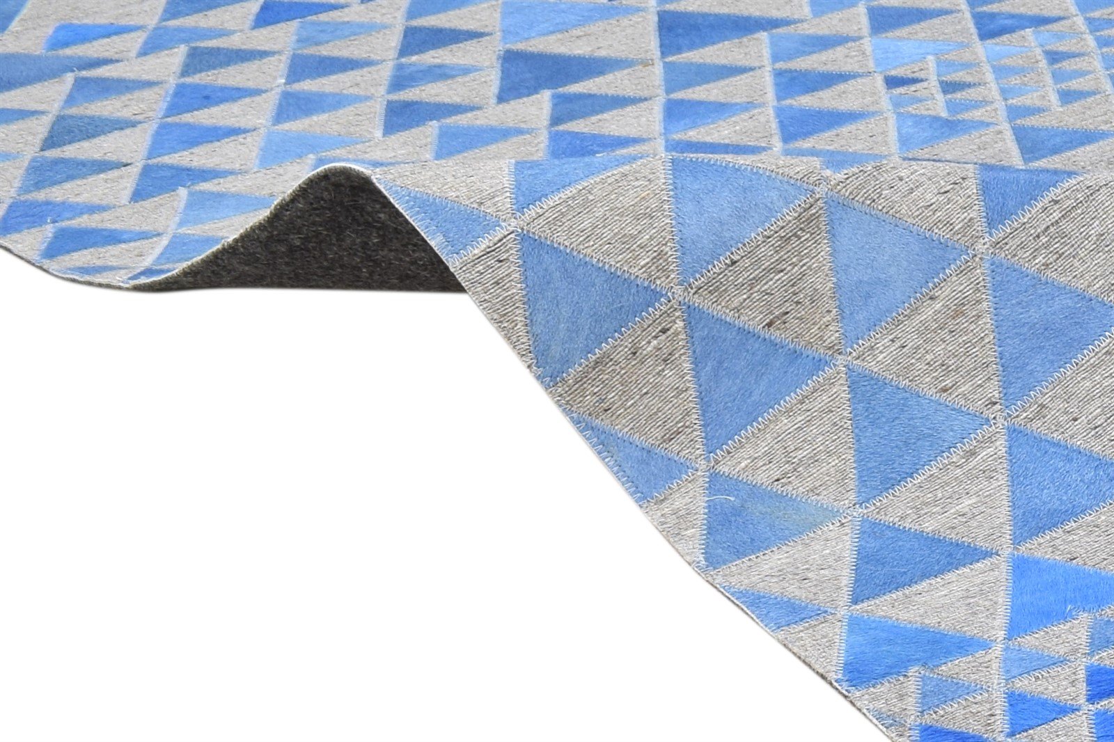 5X8 Rug Leather / Cotton Blue Modern Hand Woven Scandinavian Triangles Room Size 