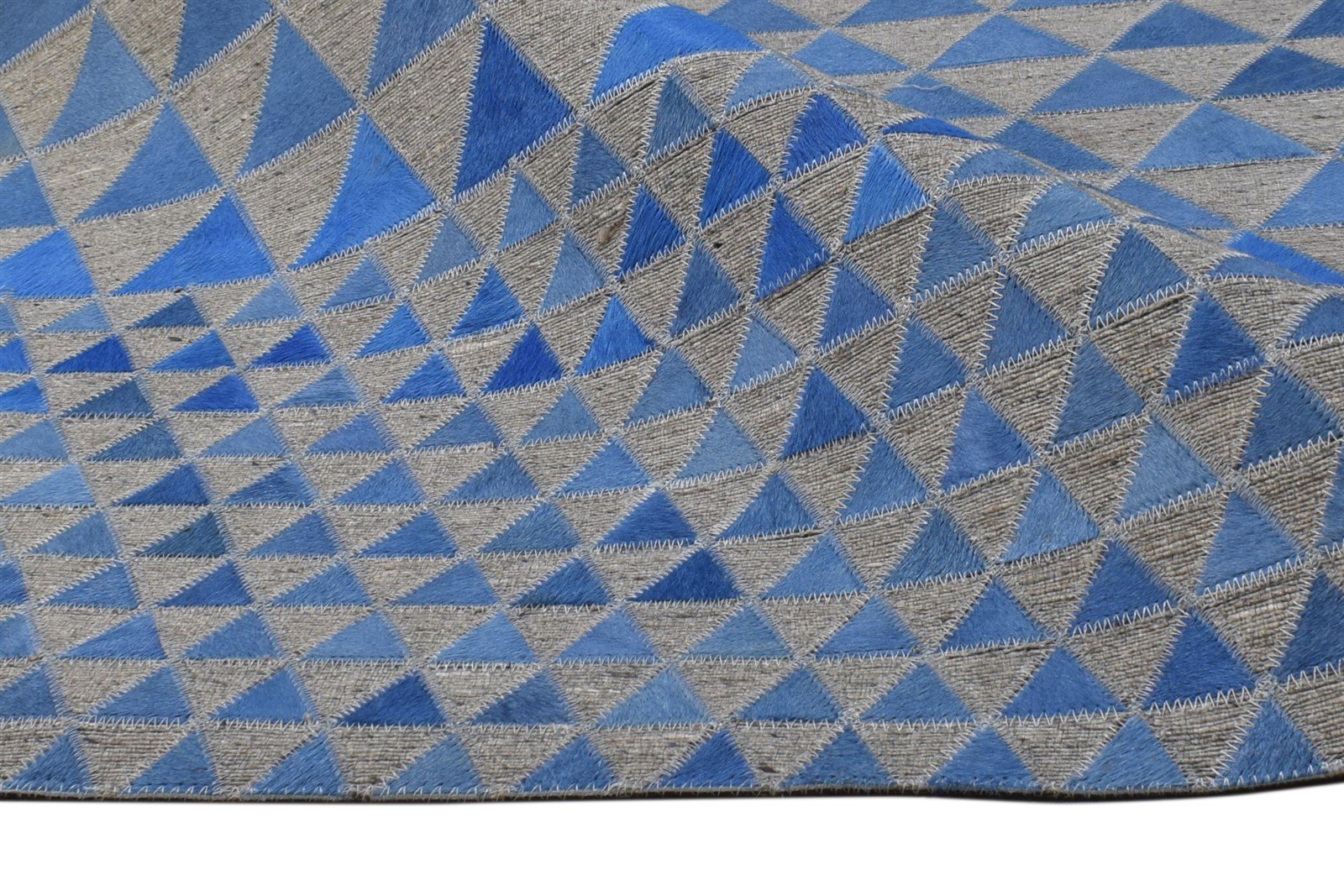 5X8 Rug Leather / Cotton Blue Modern Hand Woven Scandinavian Triangles Room Size 