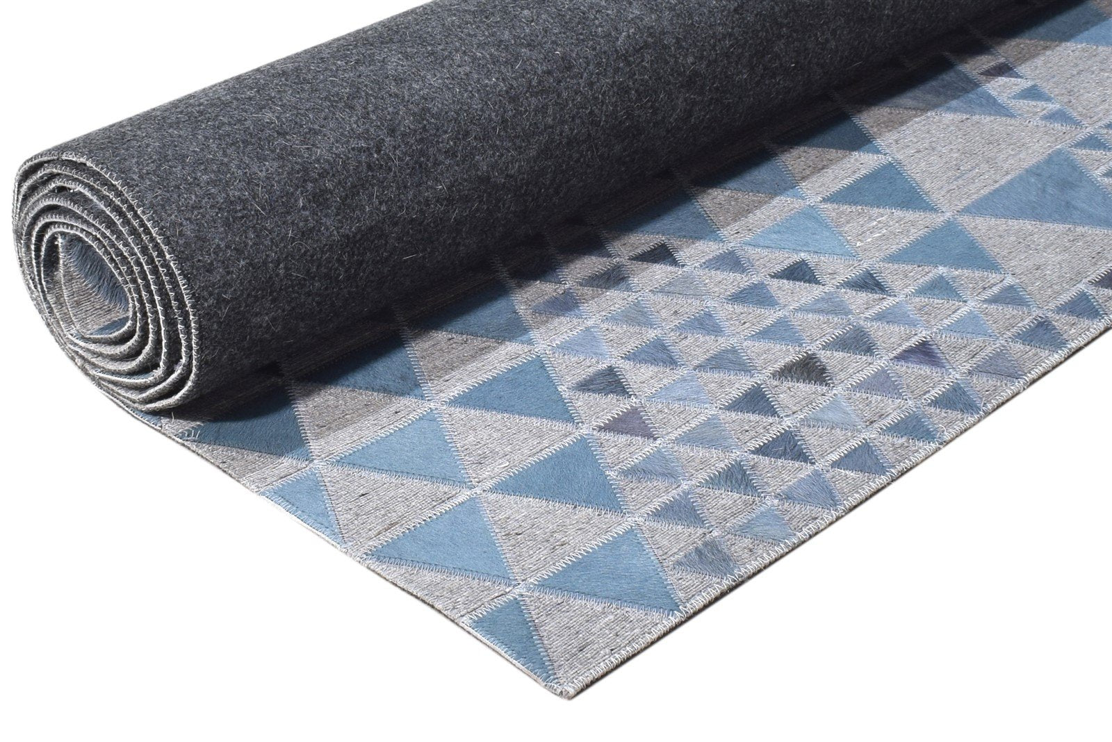 Hand Woven Blue Leather / Cotton Rug 5X8 Modern Scandinavian Triangles Room Size 