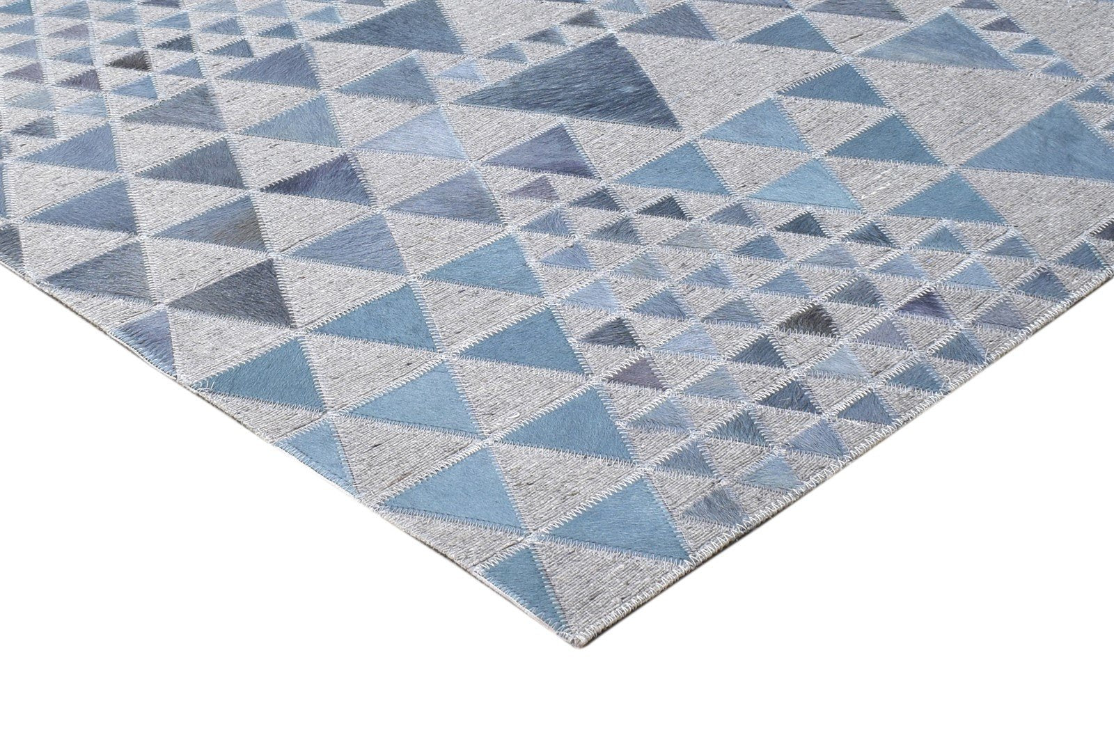 Hand Woven Blue Leather / Cotton Rug 5X8 Modern Scandinavian Triangles Room Size 