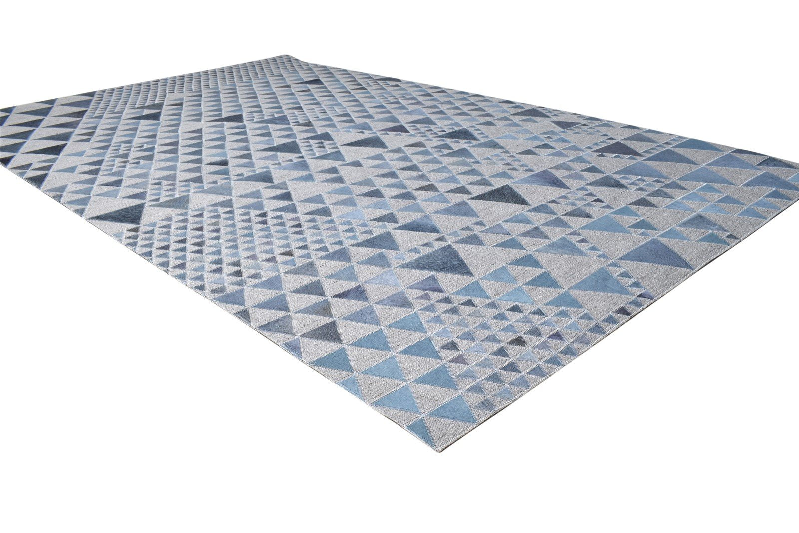 Hand Woven Blue Leather / Cotton Rug 5X8 Modern Scandinavian Triangles Room Size 