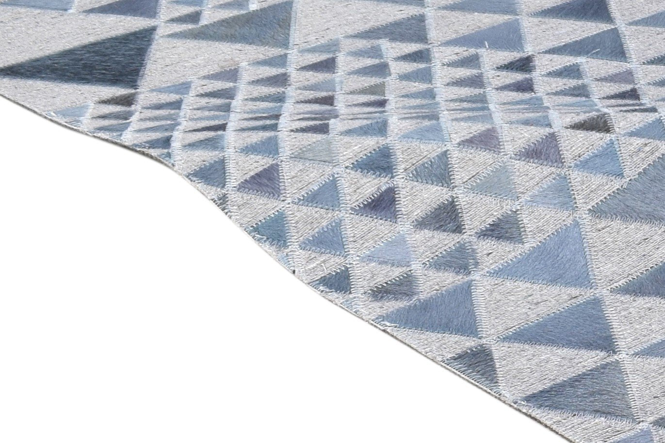 Hand Woven Blue Leather / Cotton Rug 5X8 Modern Scandinavian Triangles Room Size 