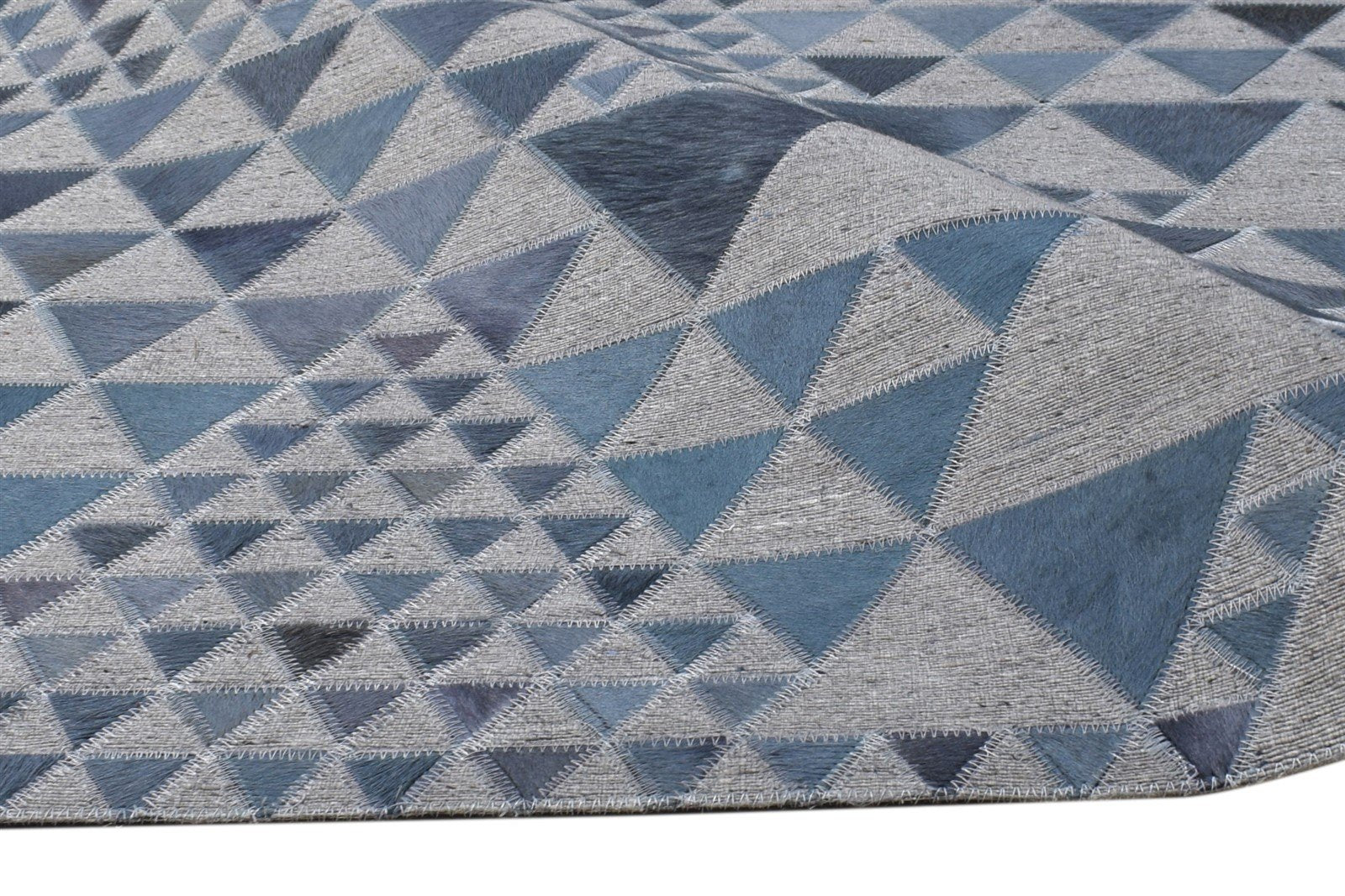 Hand Woven Blue Leather / Cotton Rug 5X8 Modern Scandinavian Triangles Room Size 