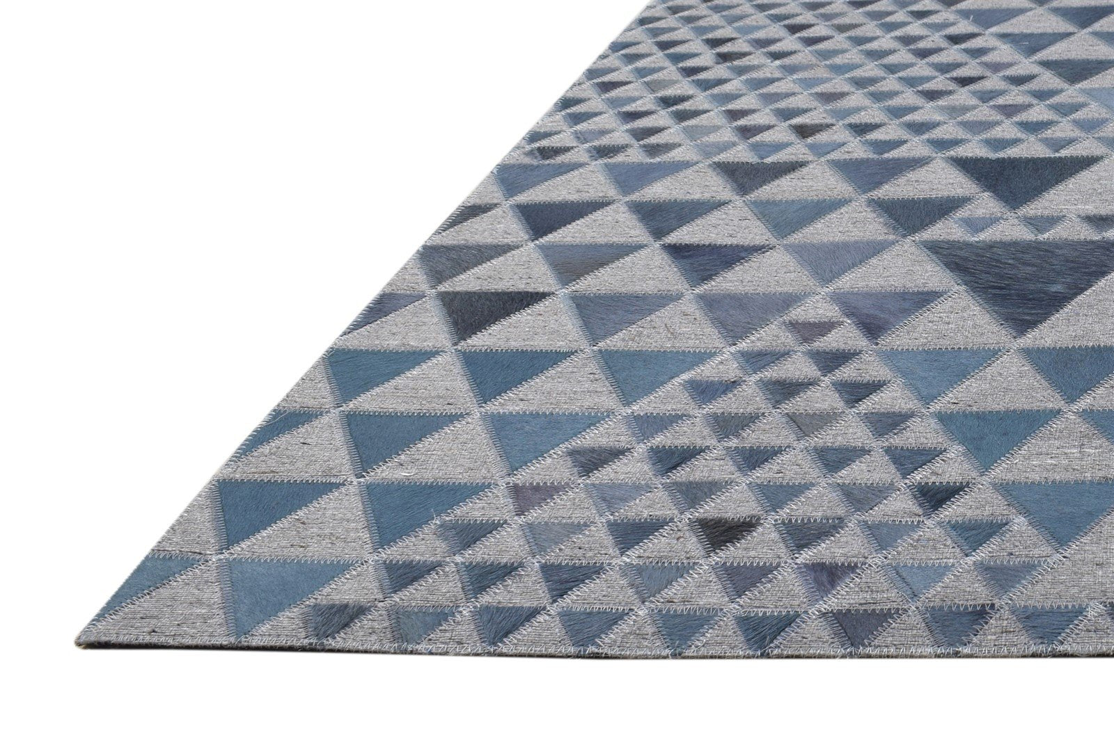 Hand Woven Blue Leather / Cotton Rug 5X8 Modern Scandinavian Triangles Room Size 