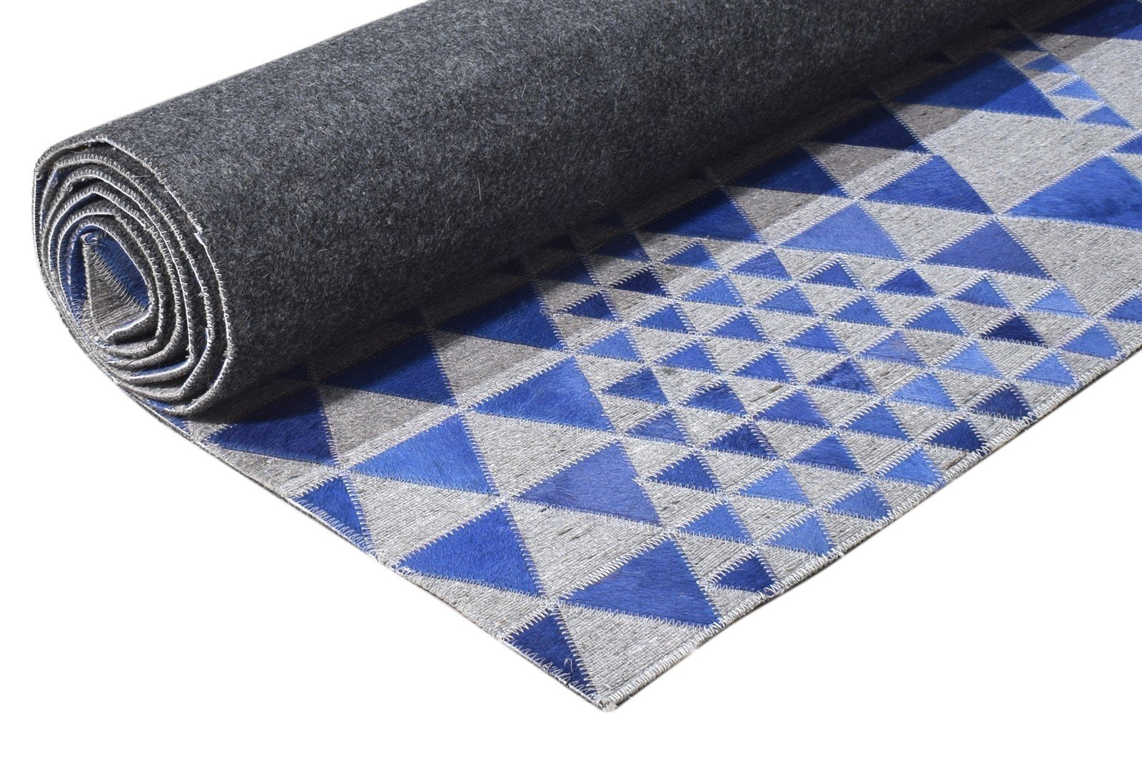 Blue Leather / Cotton Rug 5X8 Modern Hand Woven Scandinavian Triangles Room Size 