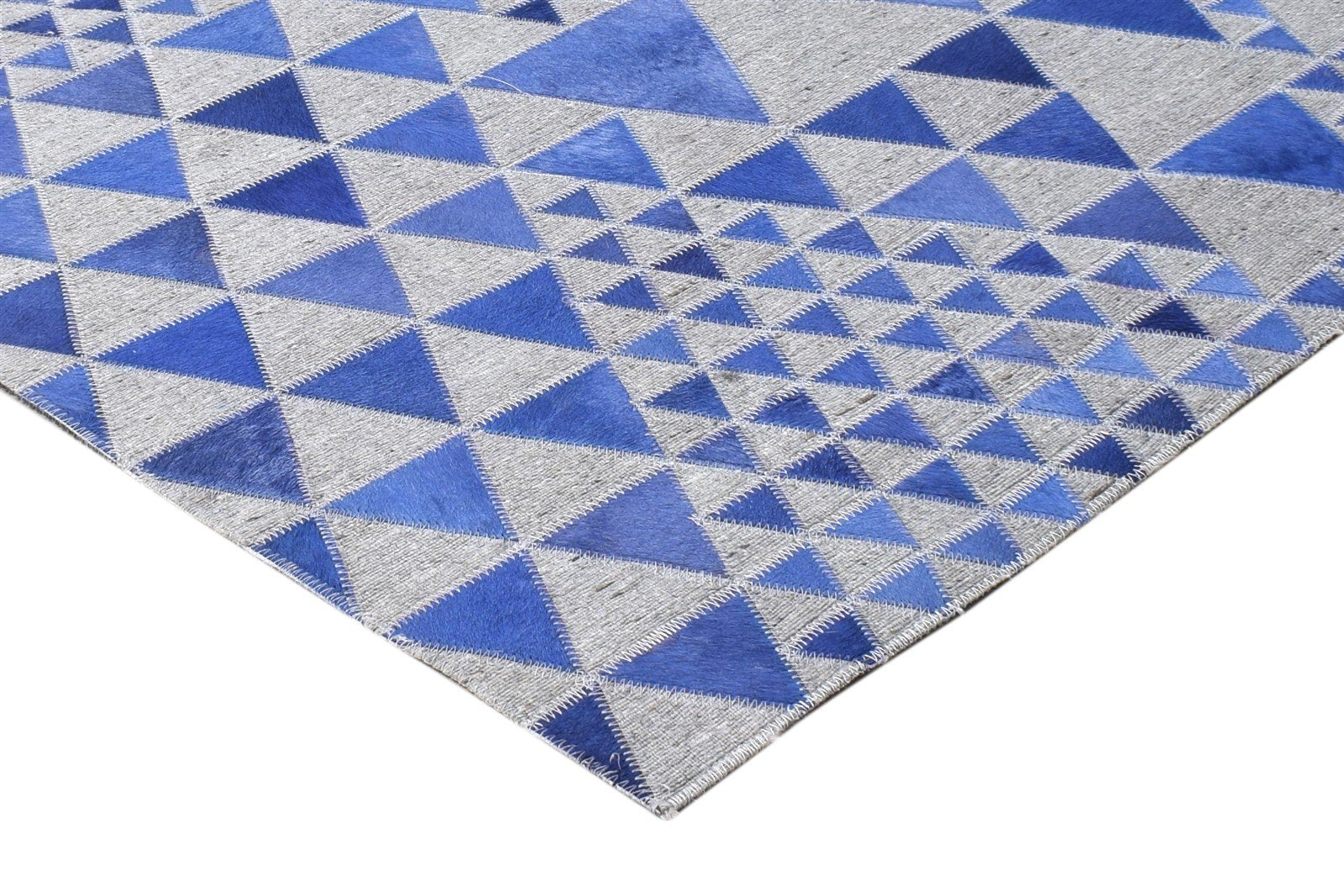 Blue Leather / Cotton Rug 5X8 Modern Hand Woven Scandinavian Triangles Room Size 