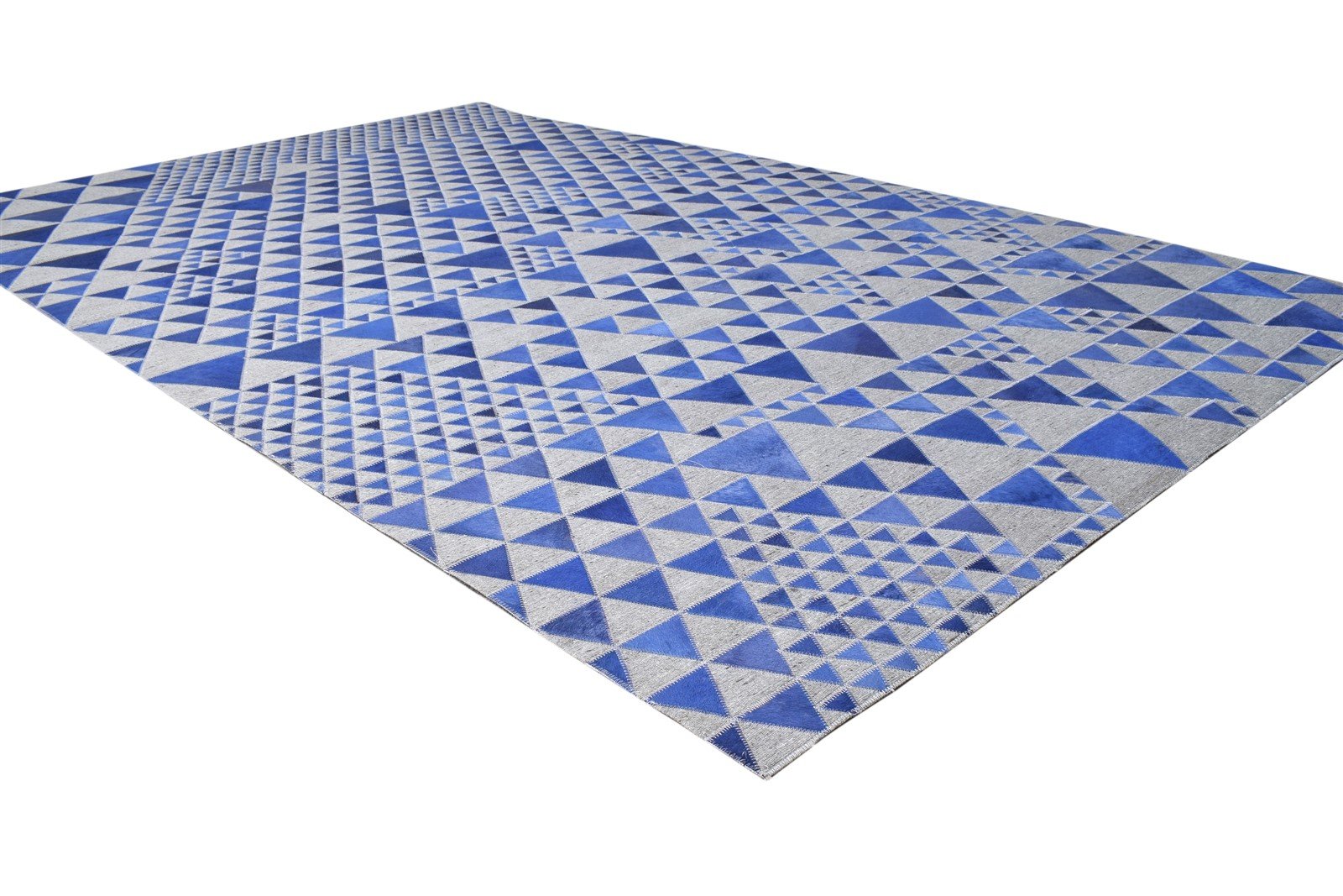 Blue Leather / Cotton Rug 5X8 Modern Hand Woven Scandinavian Triangles Room Size 