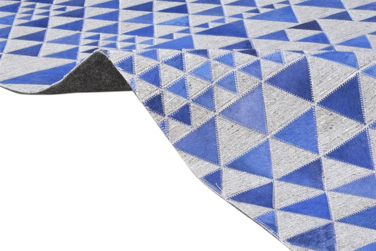 Blue Leather / Cotton Rug 5X8 Modern Hand Woven Scandinavian Triangles Room Size 