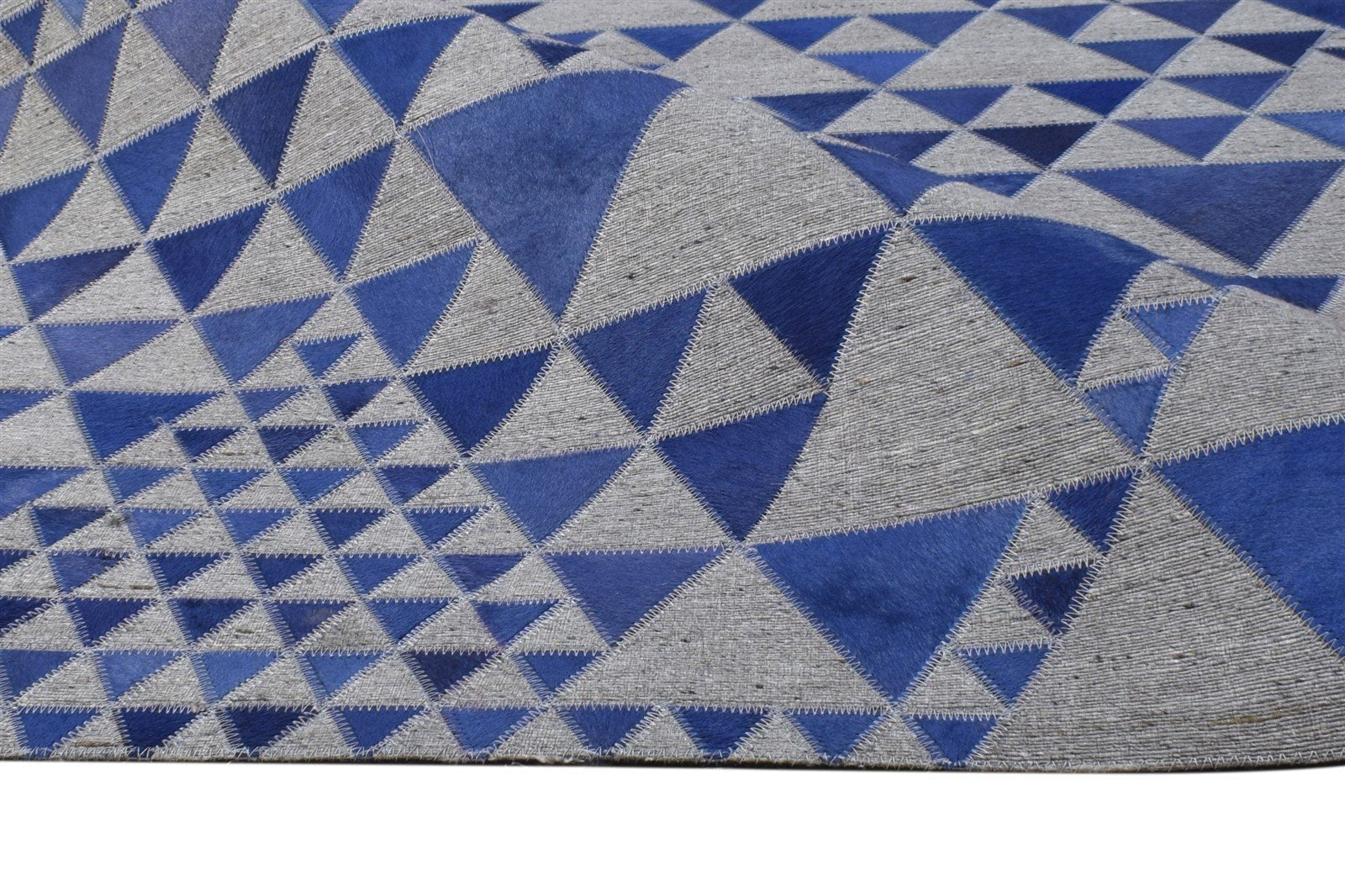 Blue Leather / Cotton Rug 5X8 Modern Hand Woven Scandinavian Triangles Room Size 