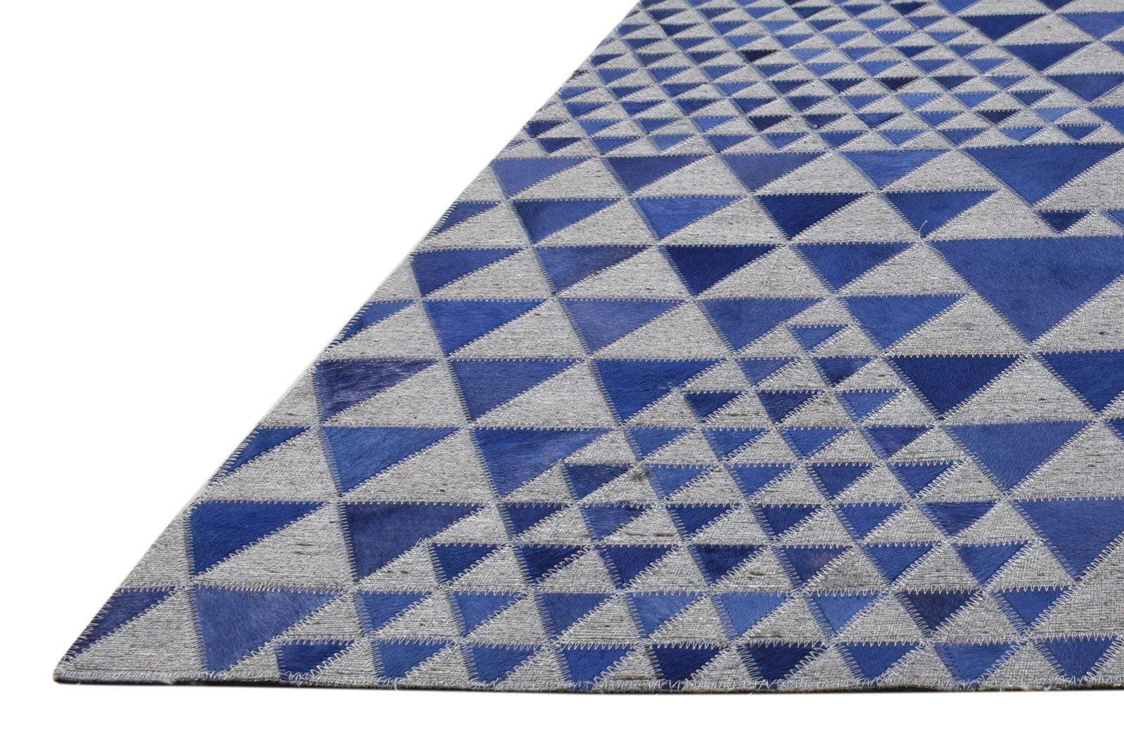 Blue Leather / Cotton Rug 5X8 Modern Hand Woven Scandinavian Triangles Room Size 