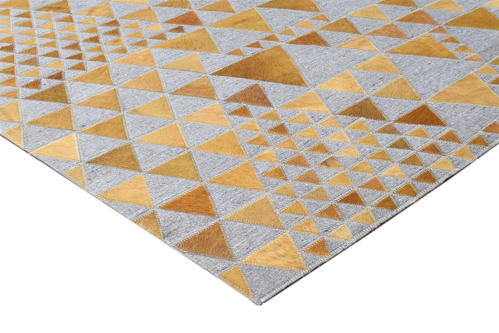 5X8 Rug Leather / Cotton Gold Modern Hand Woven Scandinavian Triangles Room Size 