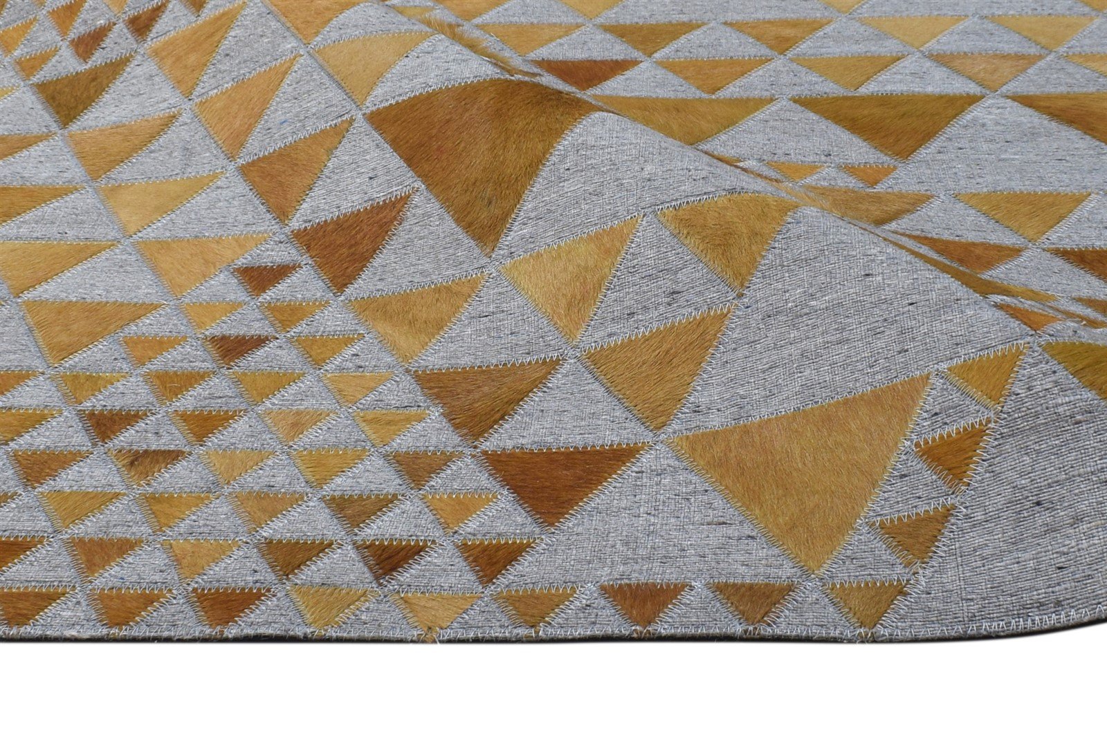 5X8 Rug Leather / Cotton Gold Modern Hand Woven Scandinavian Triangles Room Size 