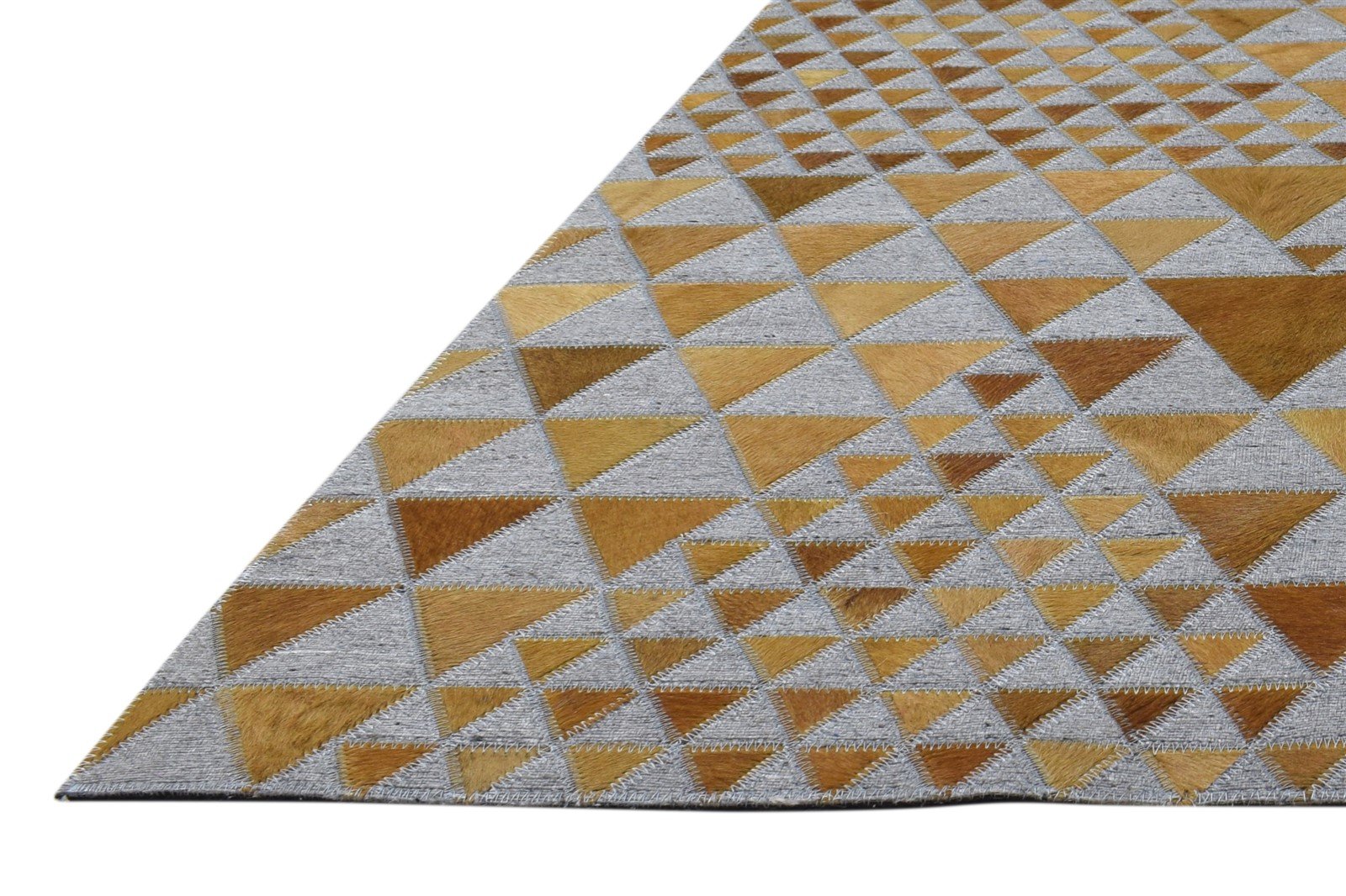 5X8 Rug Leather / Cotton Gold Modern Hand Woven Scandinavian Triangles Room Size 